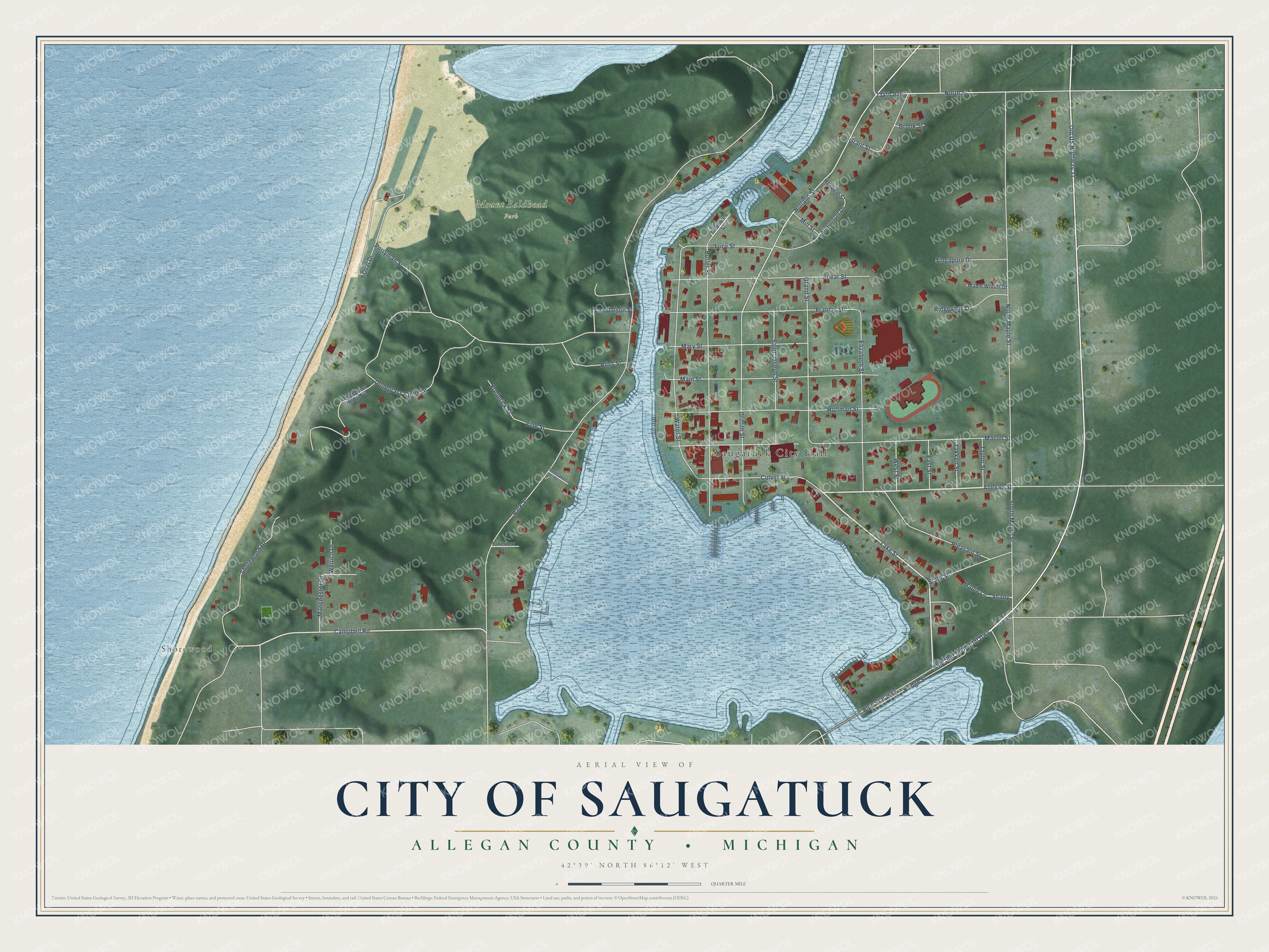 Full map of Saugatuck, Michigan, with red buildings, printed street names and the land around them