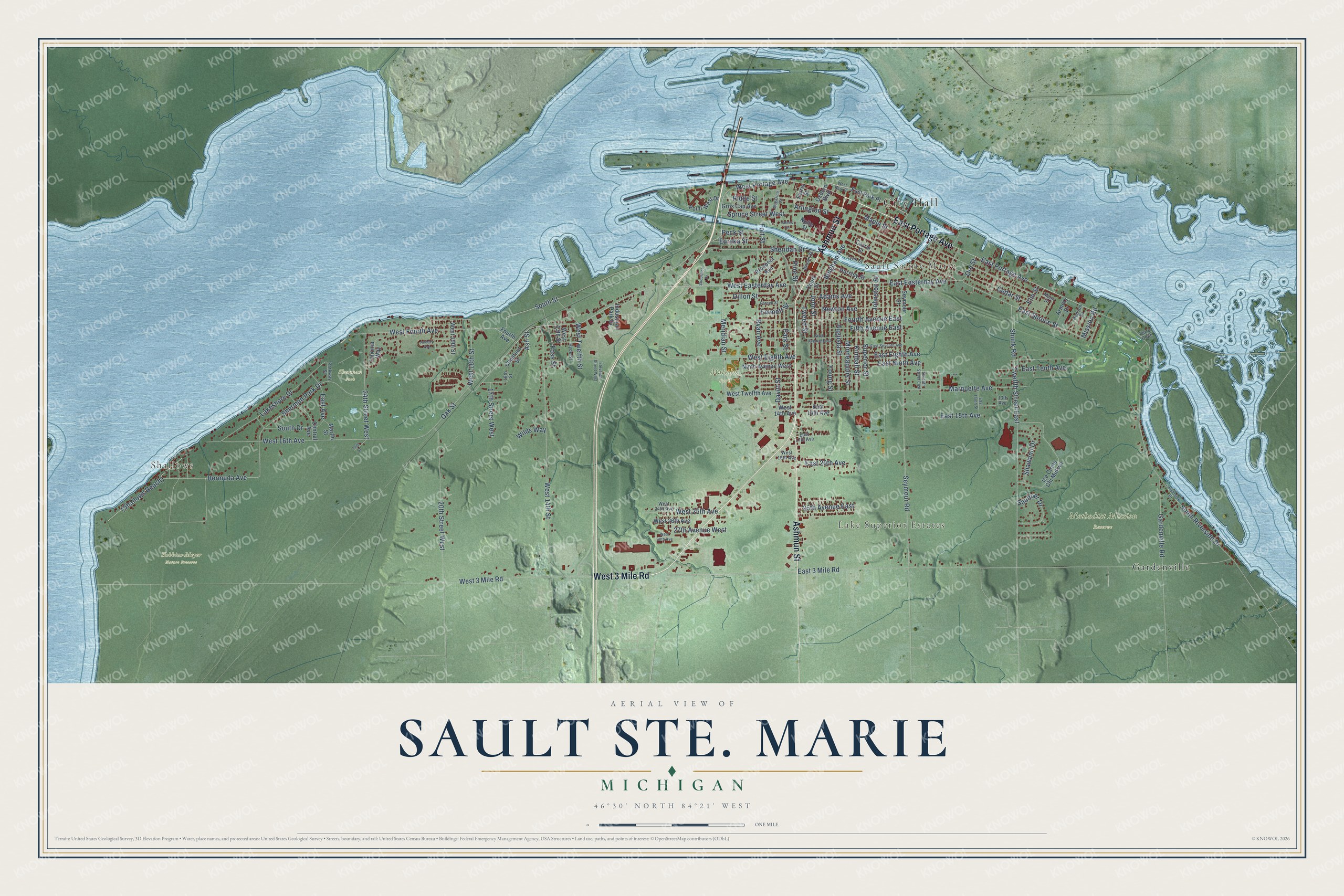 Full map of Sault Ste. Marie, Michigan, with red buildings, printed street names and the land around them
