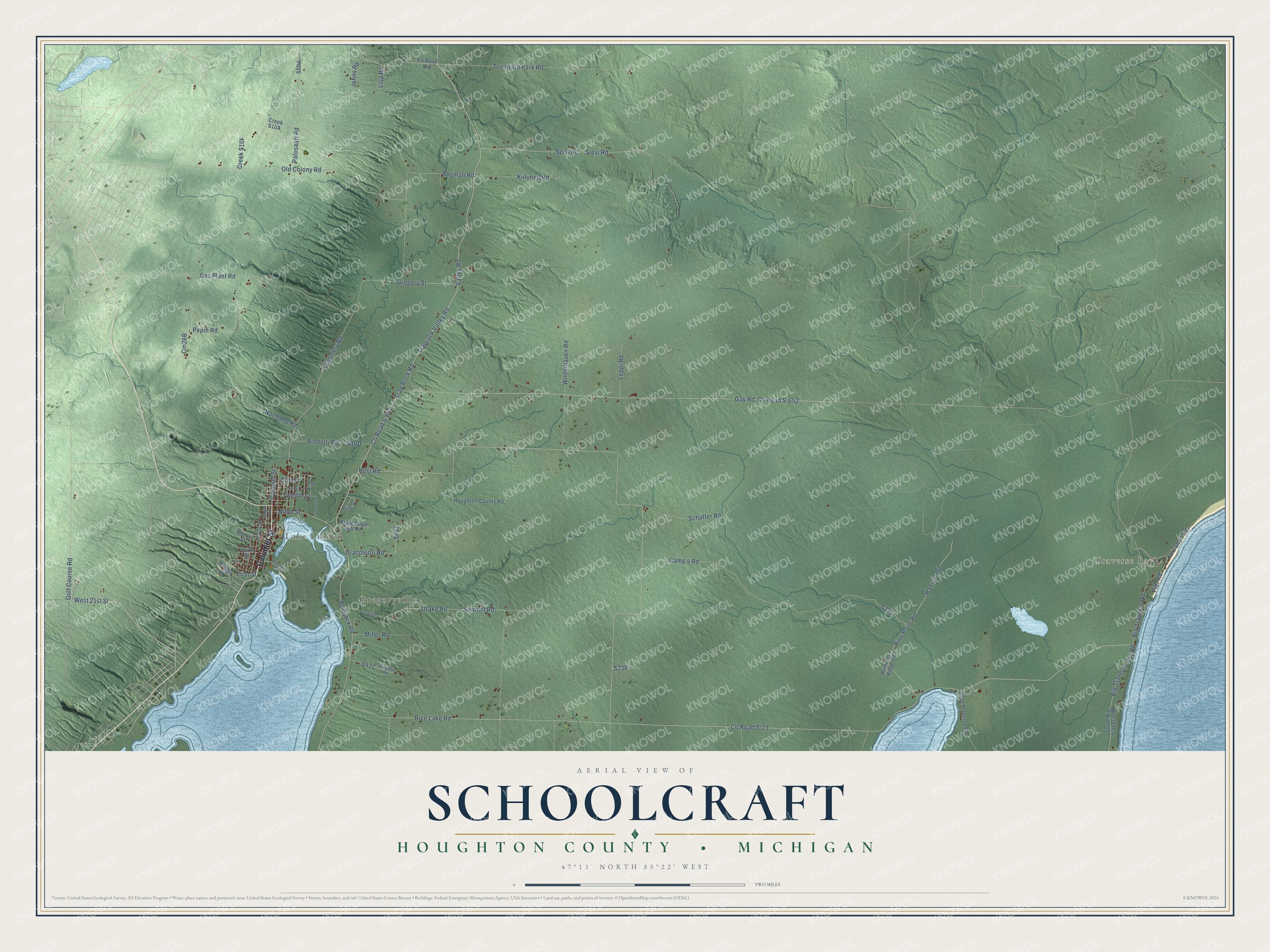 Full map of Schoolcraft, Michigan, with red buildings, printed street names and the land around them