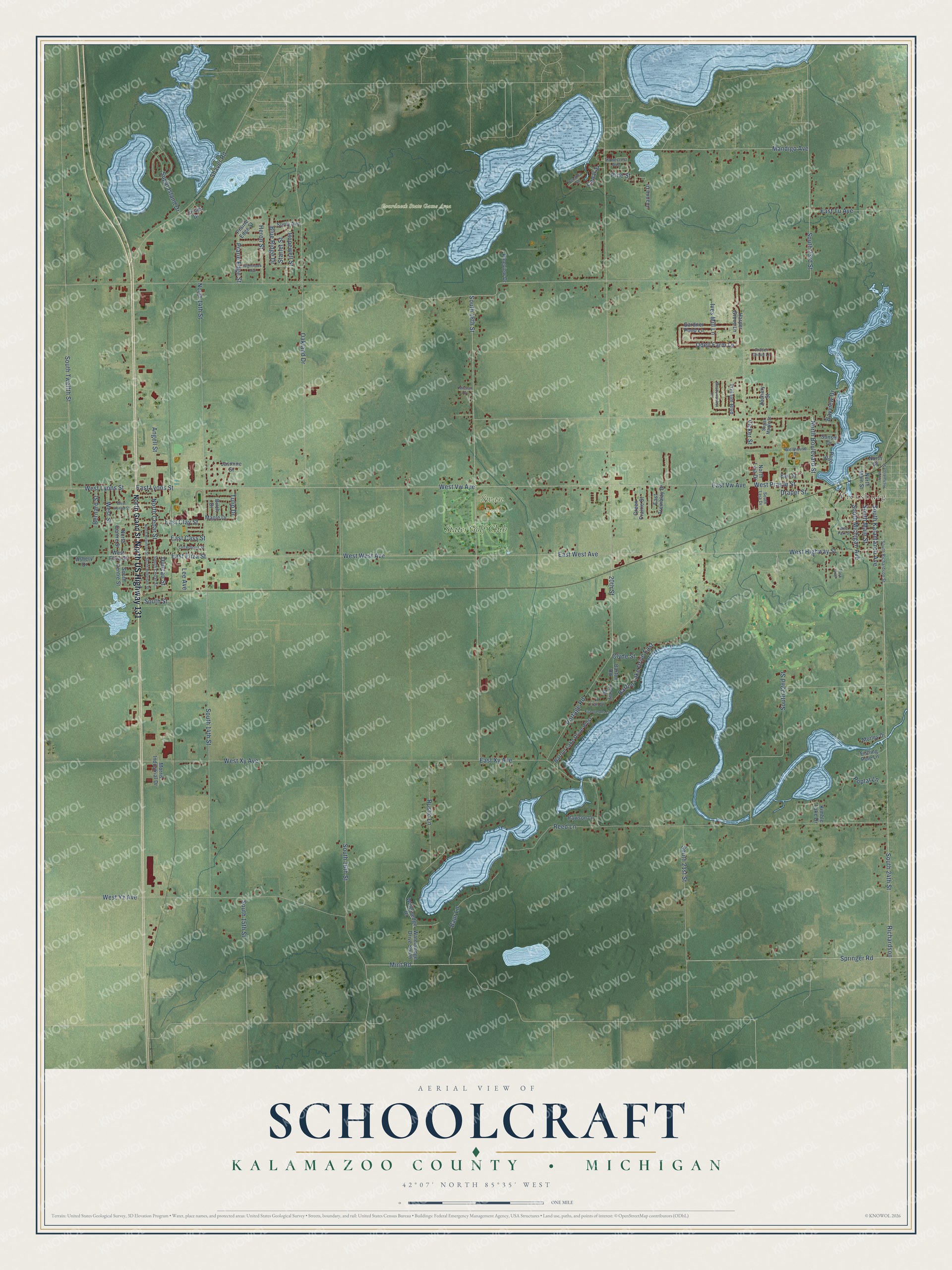 Full map of Schoolcraft, Michigan, with red buildings, printed street names and the land around them