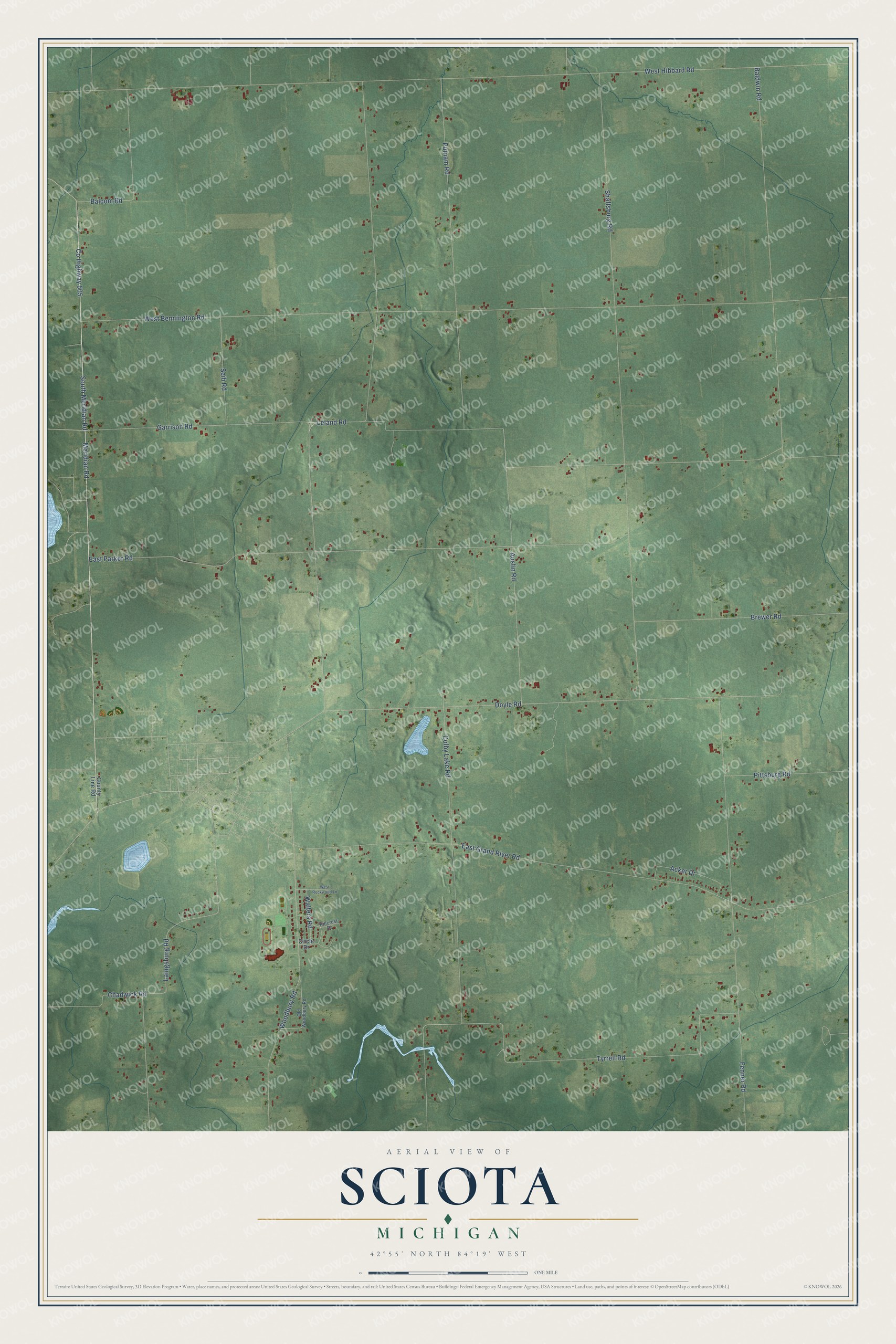 Full map of Sciota, Michigan, with red buildings, printed street names and the land around them
