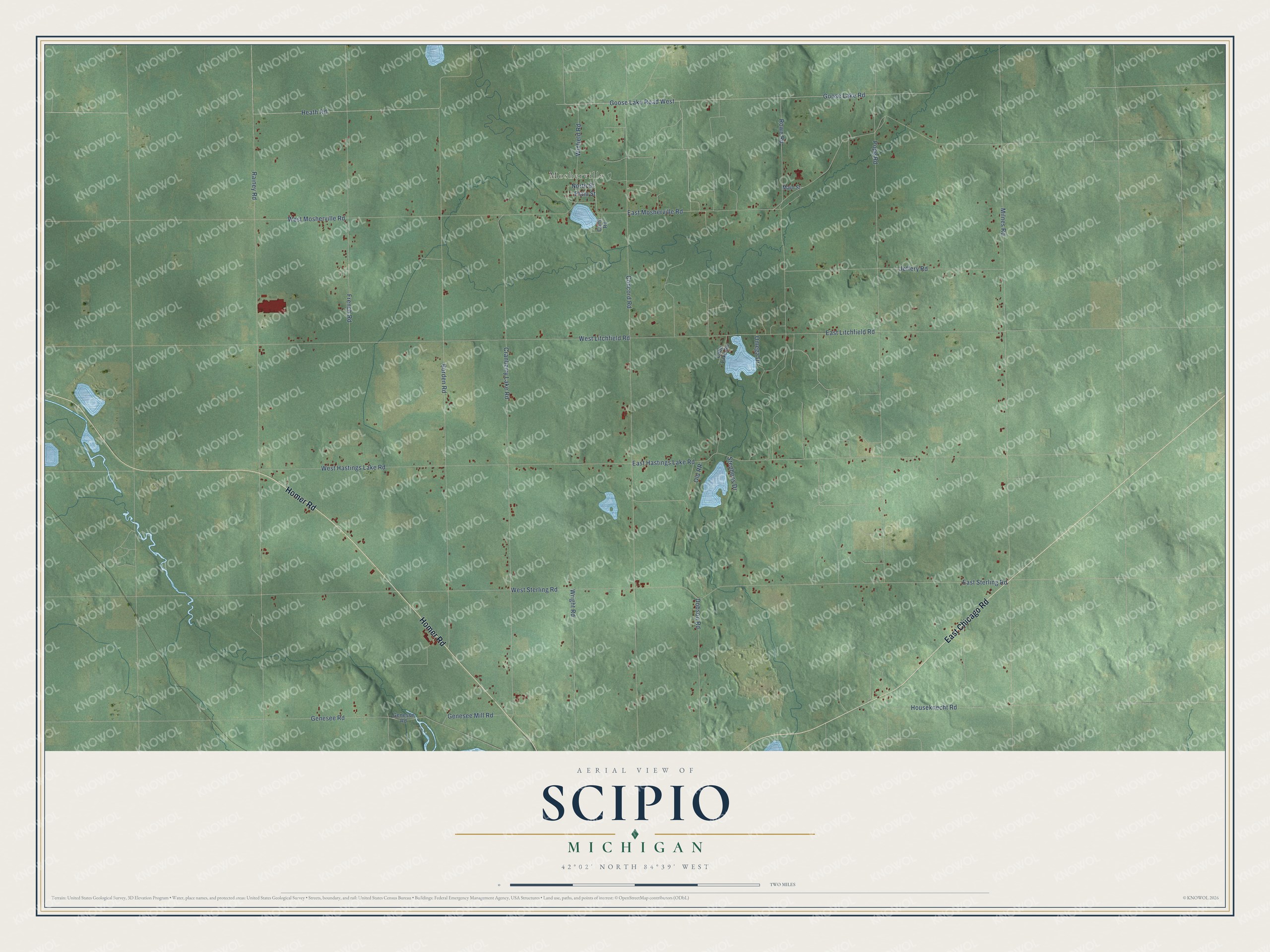 Full map of Scipio, Michigan, with red buildings, printed street names and the land around them