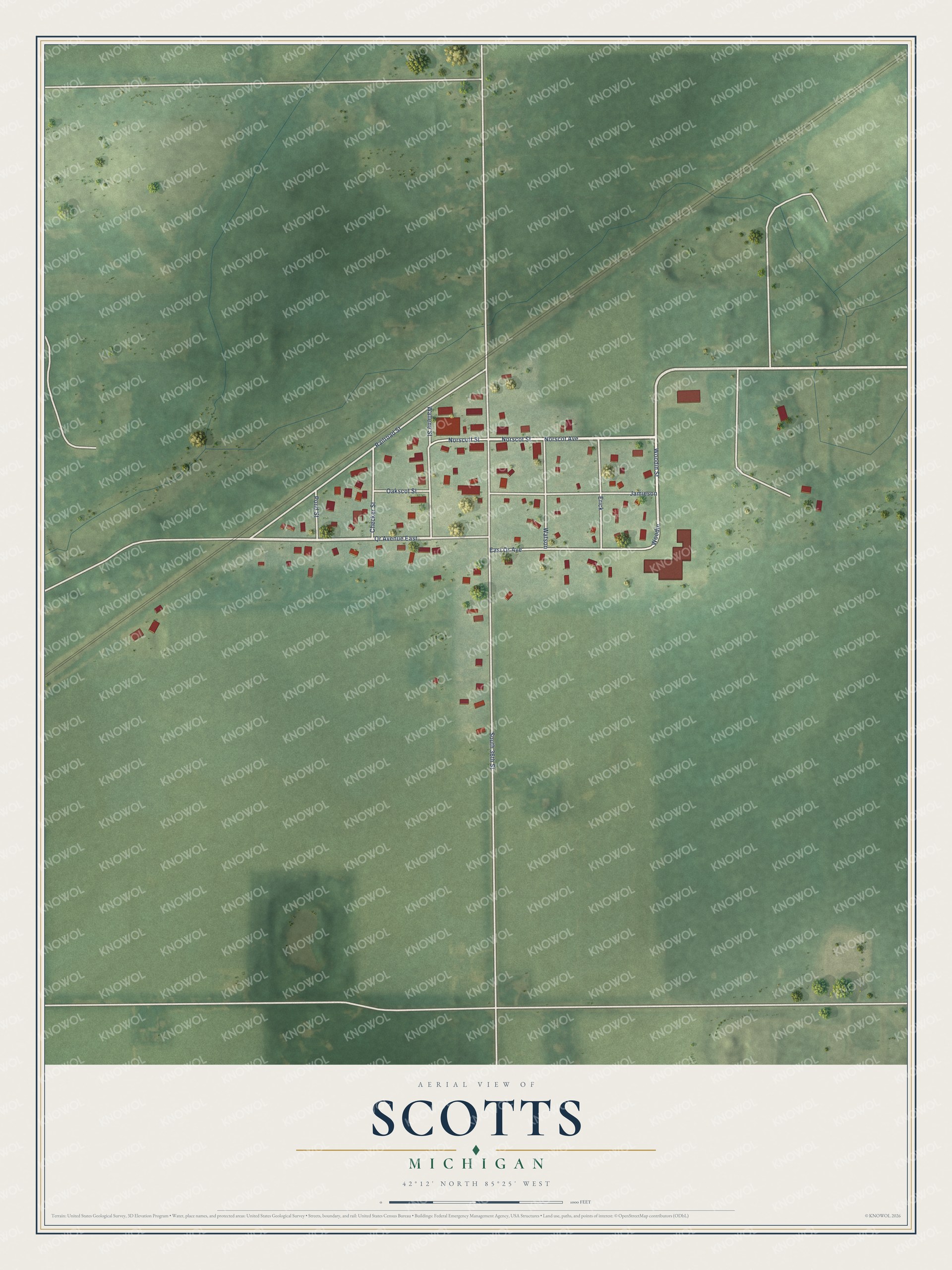 Full map of Scotts, Michigan, with red buildings, printed street names and the land around them