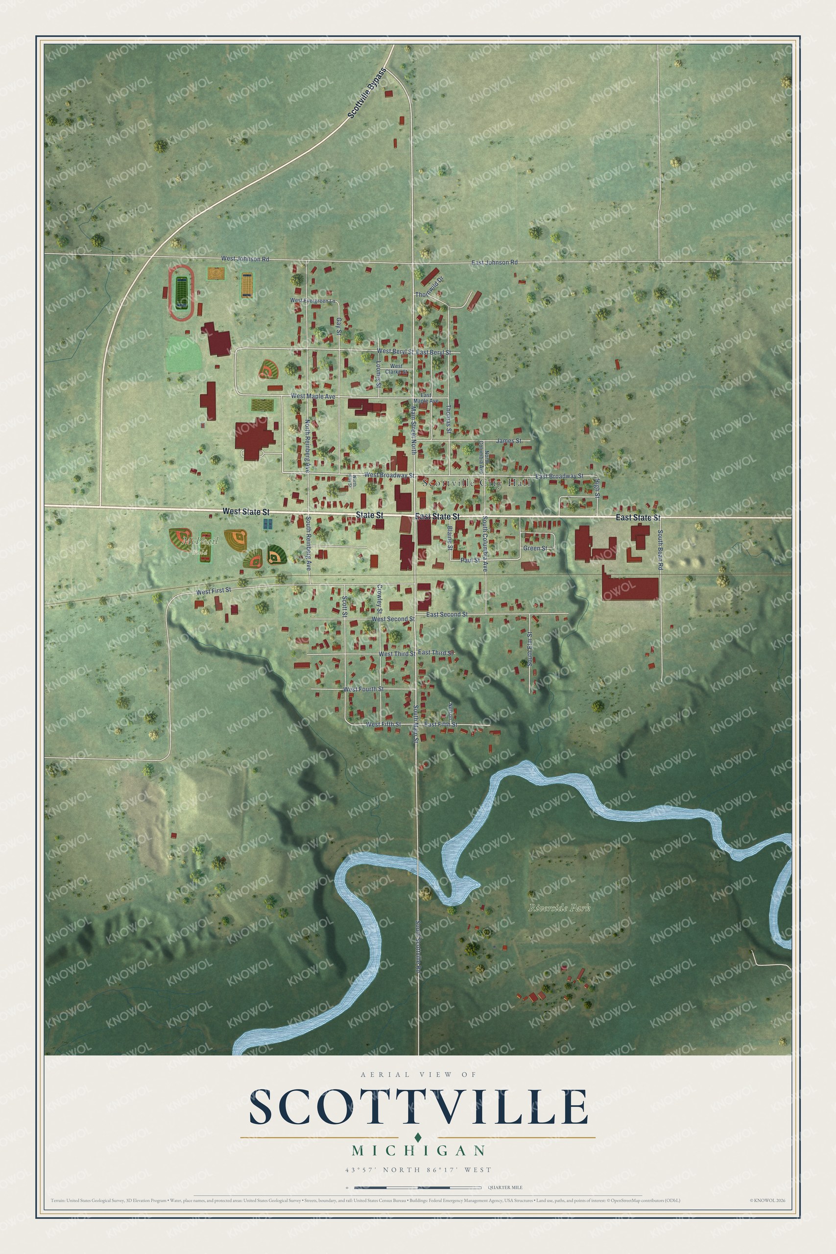 Full map of Scottville, Michigan, with red buildings, printed street names and the land around them