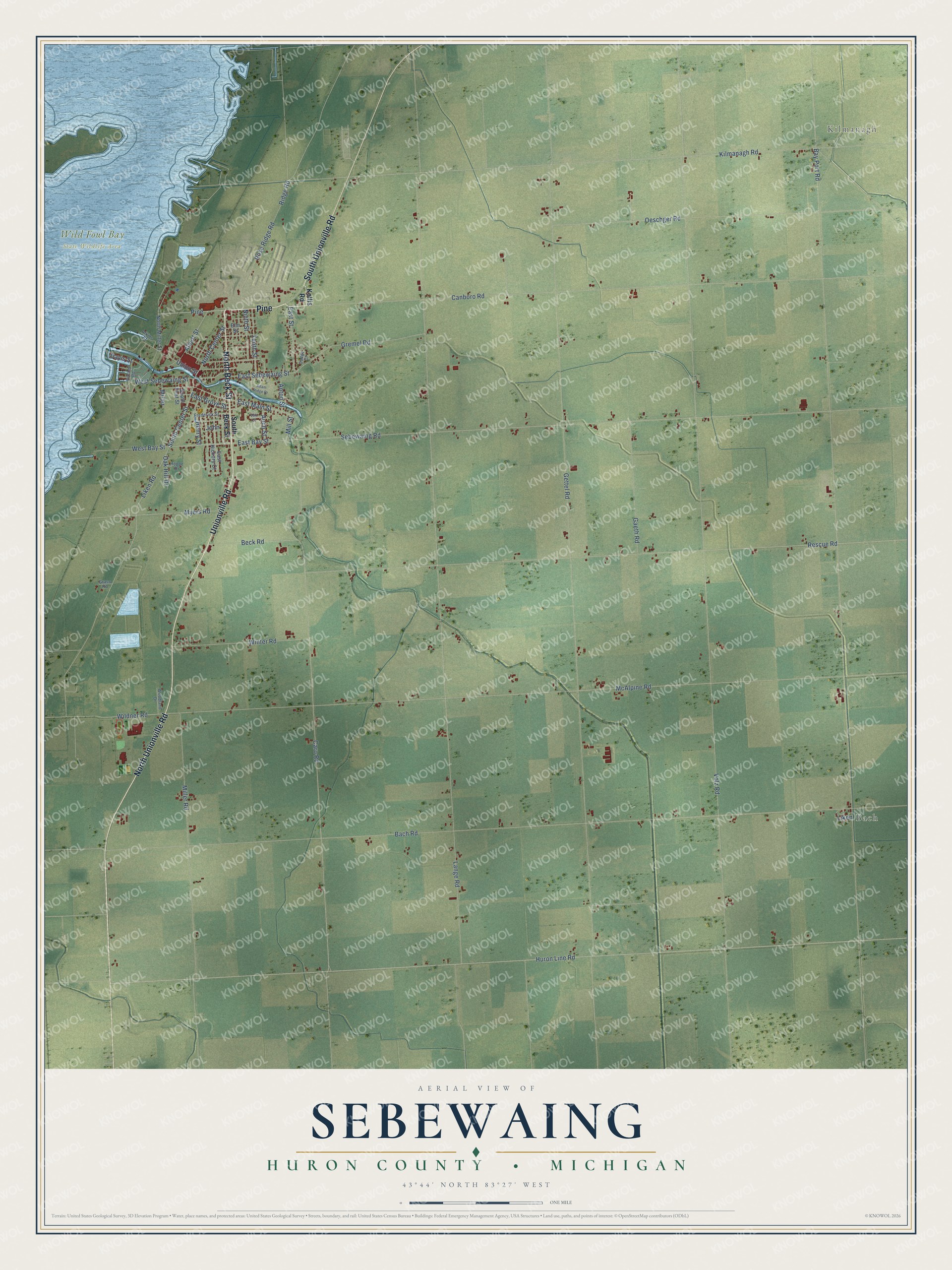 Full map of Sebewaing, Michigan, with red buildings, printed street names and the land around them