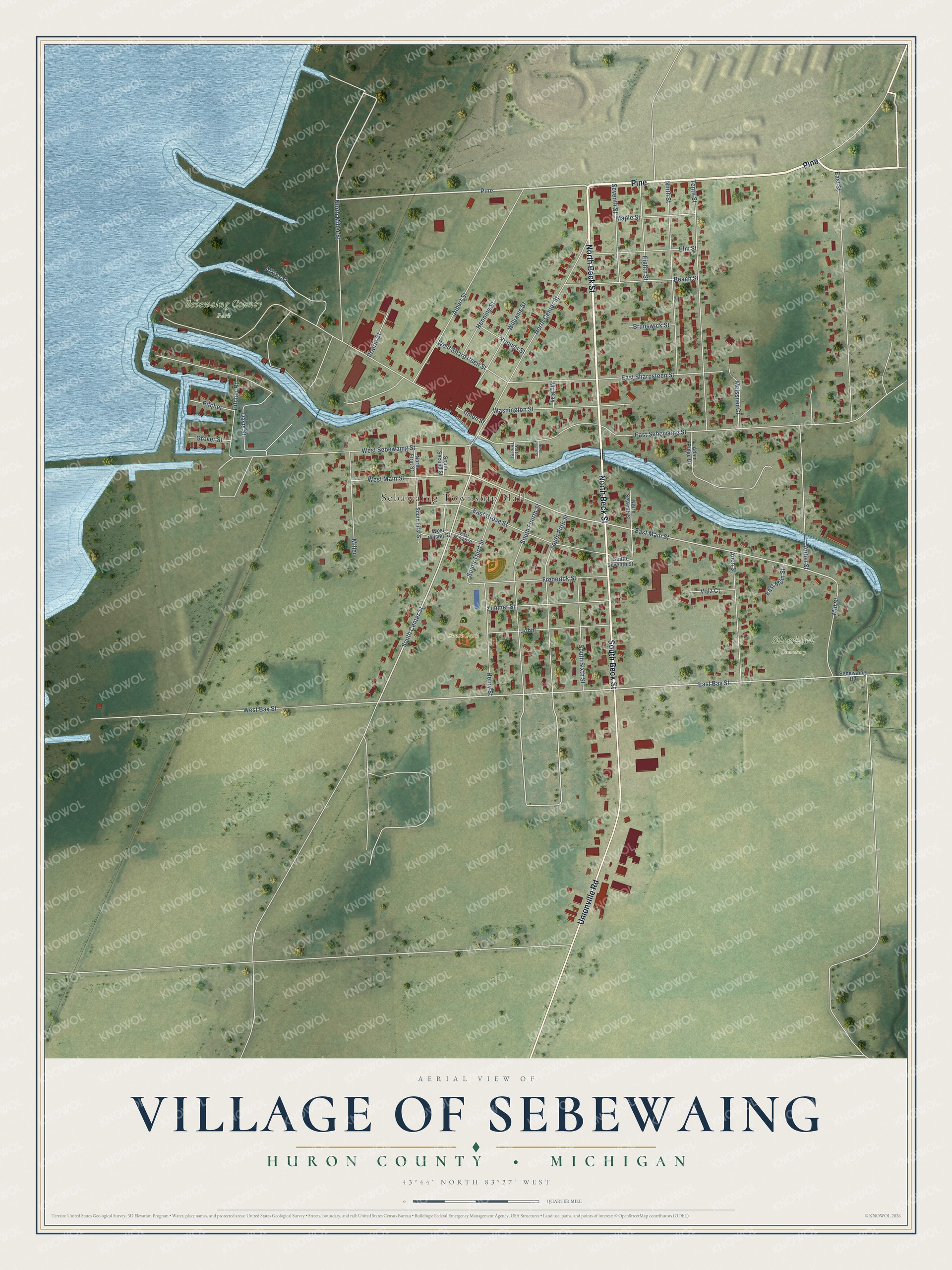 Full map of Sebewaing, Michigan, with red buildings, printed street names and the land around them