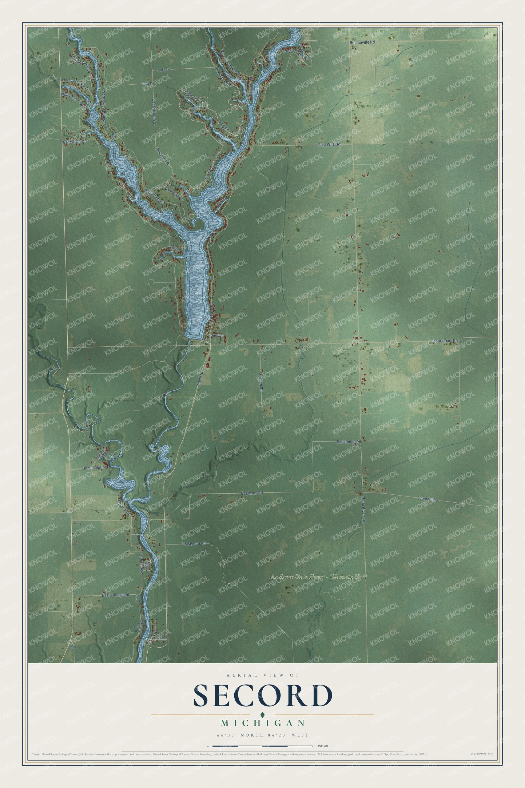 Full map of Secord, Michigan, with red buildings, printed street names and the land around them