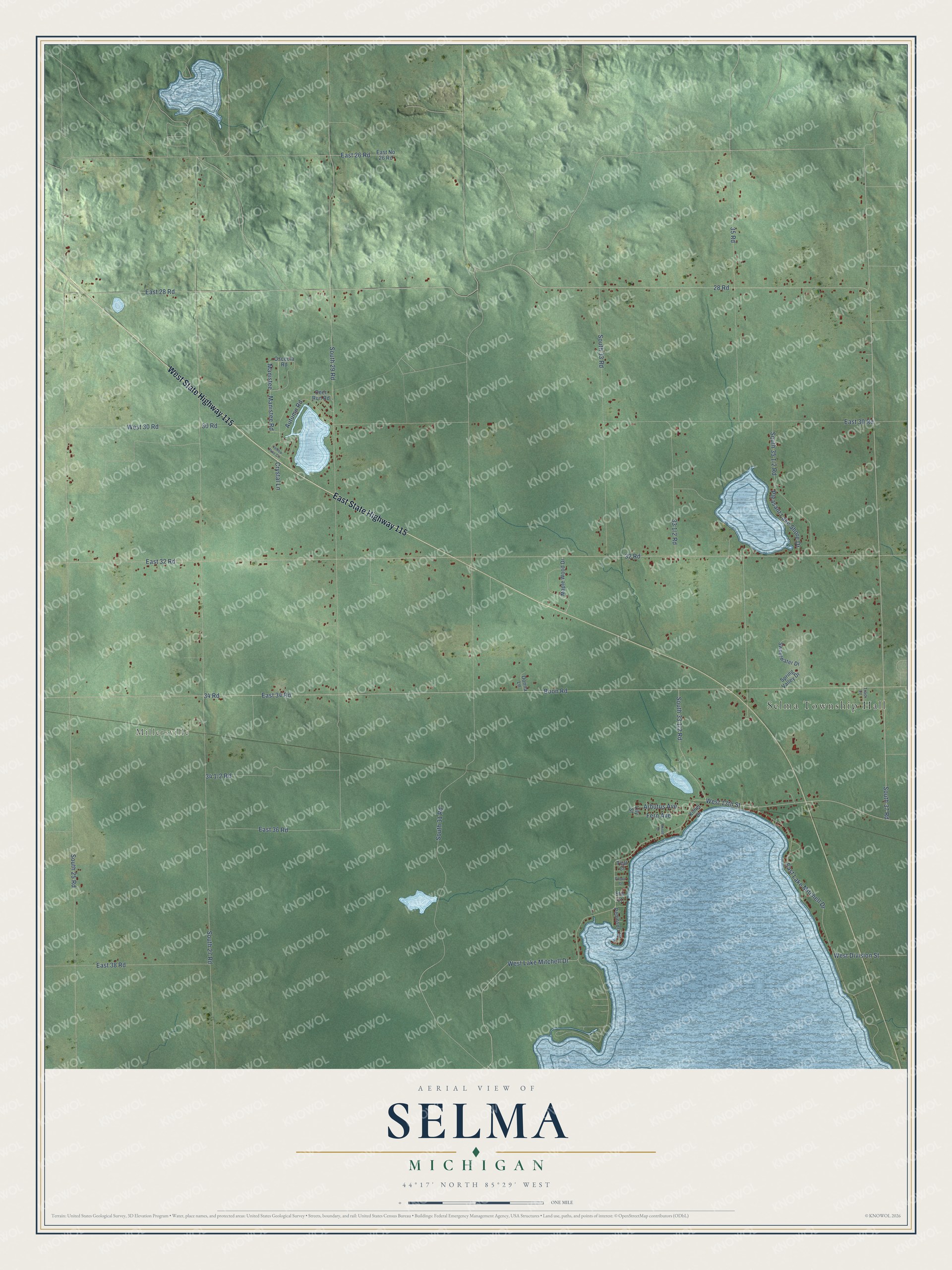 Full map of Selma, Michigan, with red buildings, printed street names and the land around them