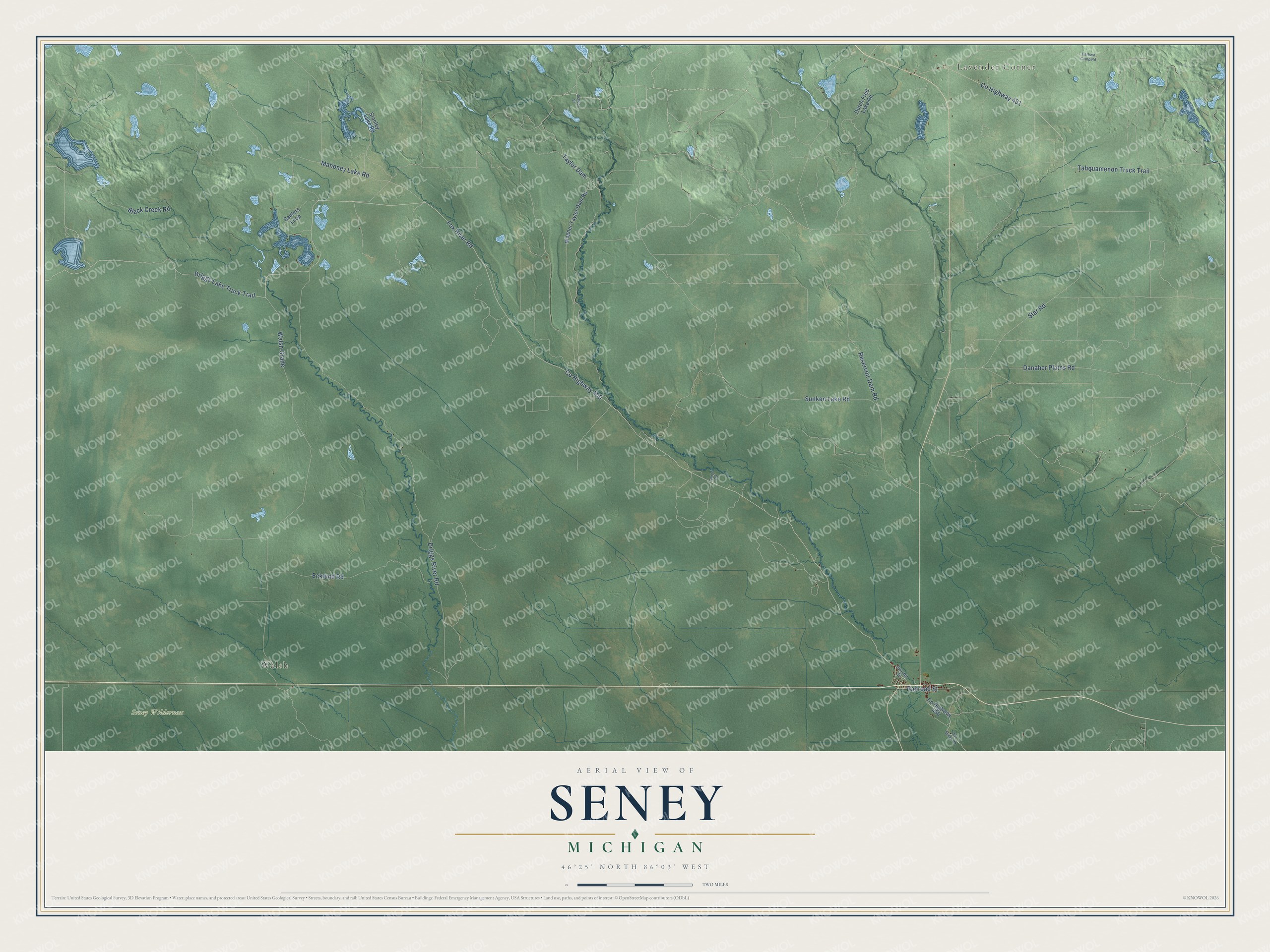 Full map of Seney, Michigan, with red buildings, printed street names and the land around them