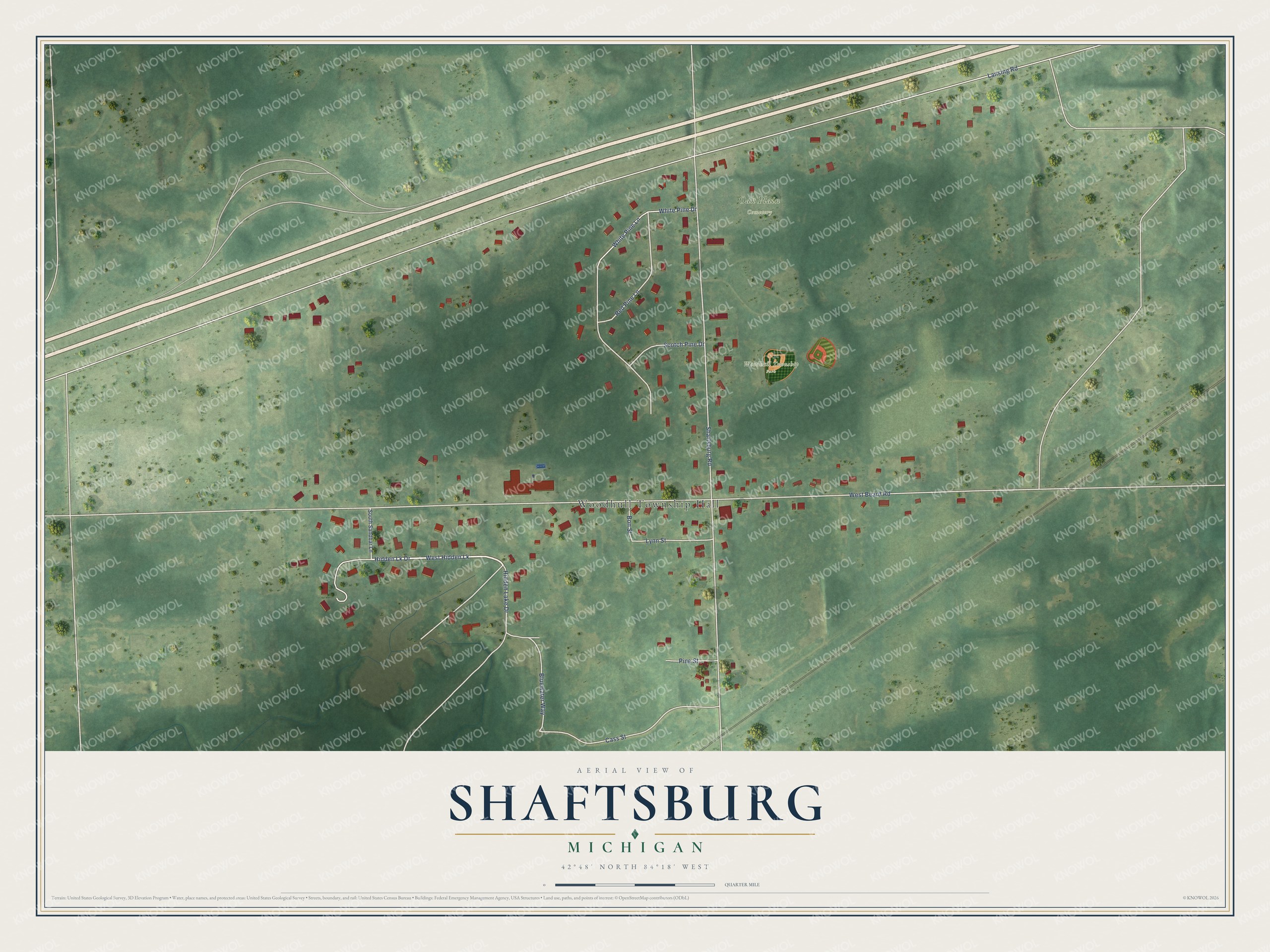 Full map of Shaftsburg, Michigan, with red buildings, printed street names and the land around them