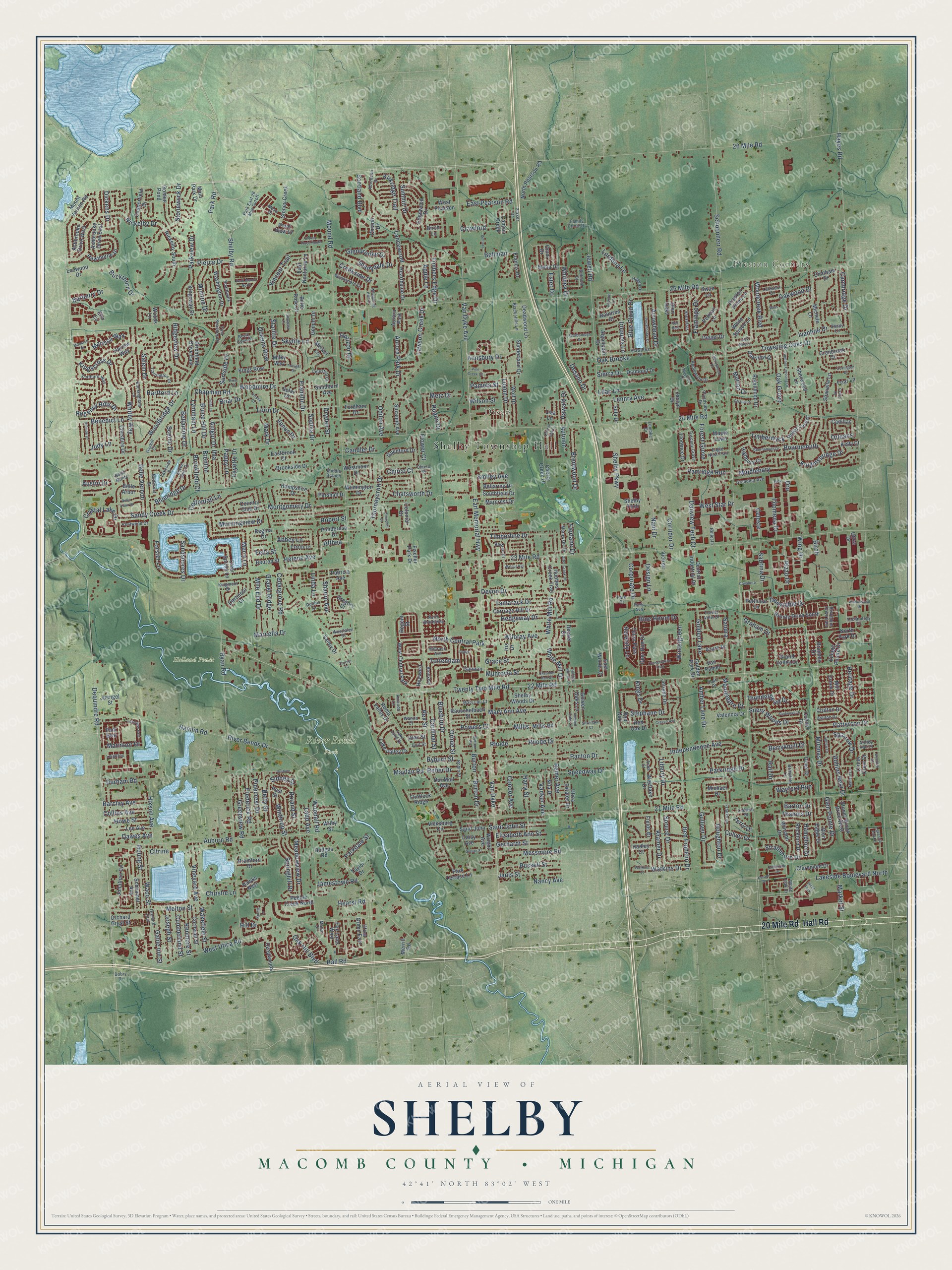 Full map of Shelby, Michigan, with red buildings, printed street names and the land around them