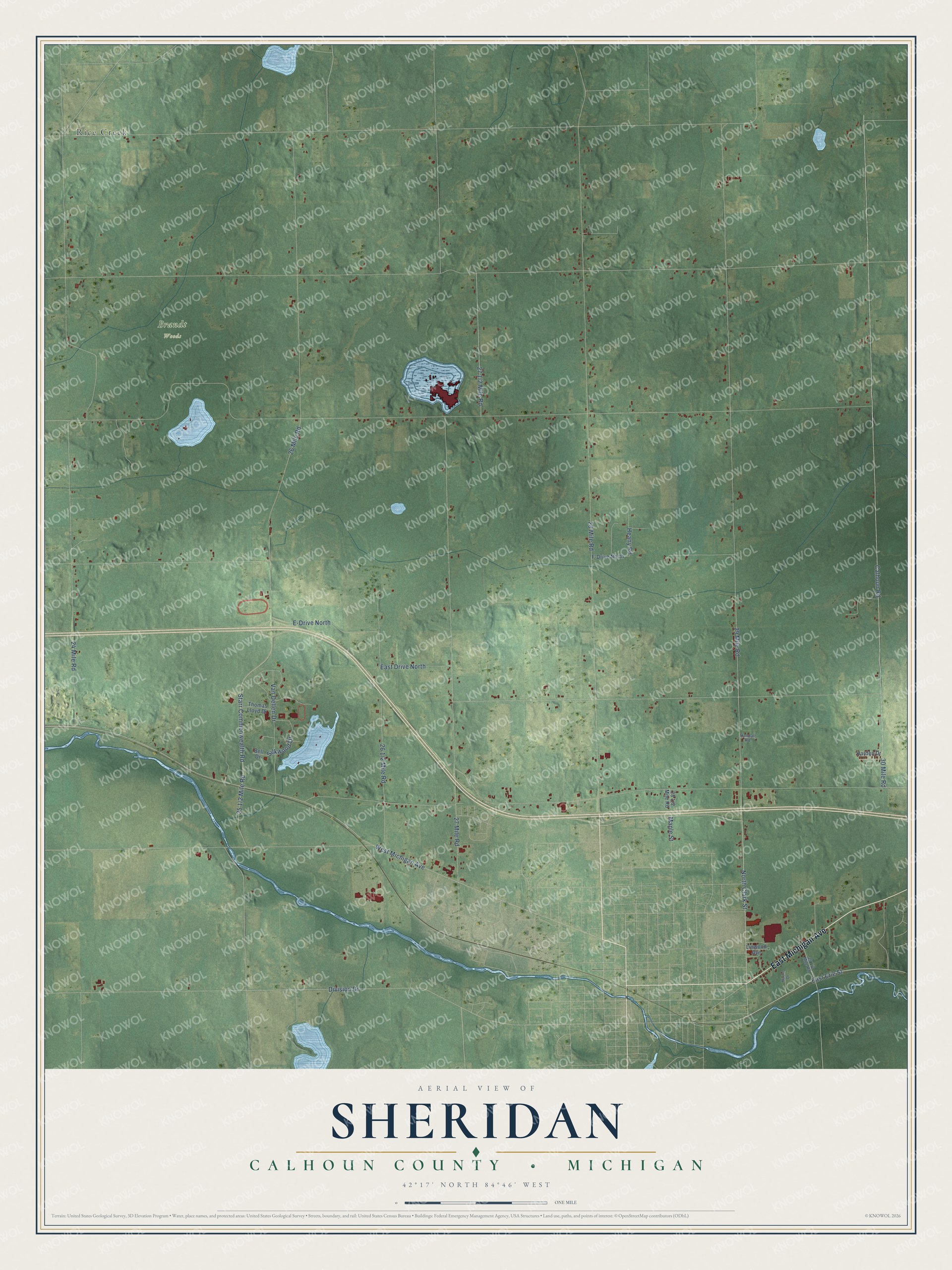 Full map of Sheridan, Michigan, with red buildings, printed street names and the land around them