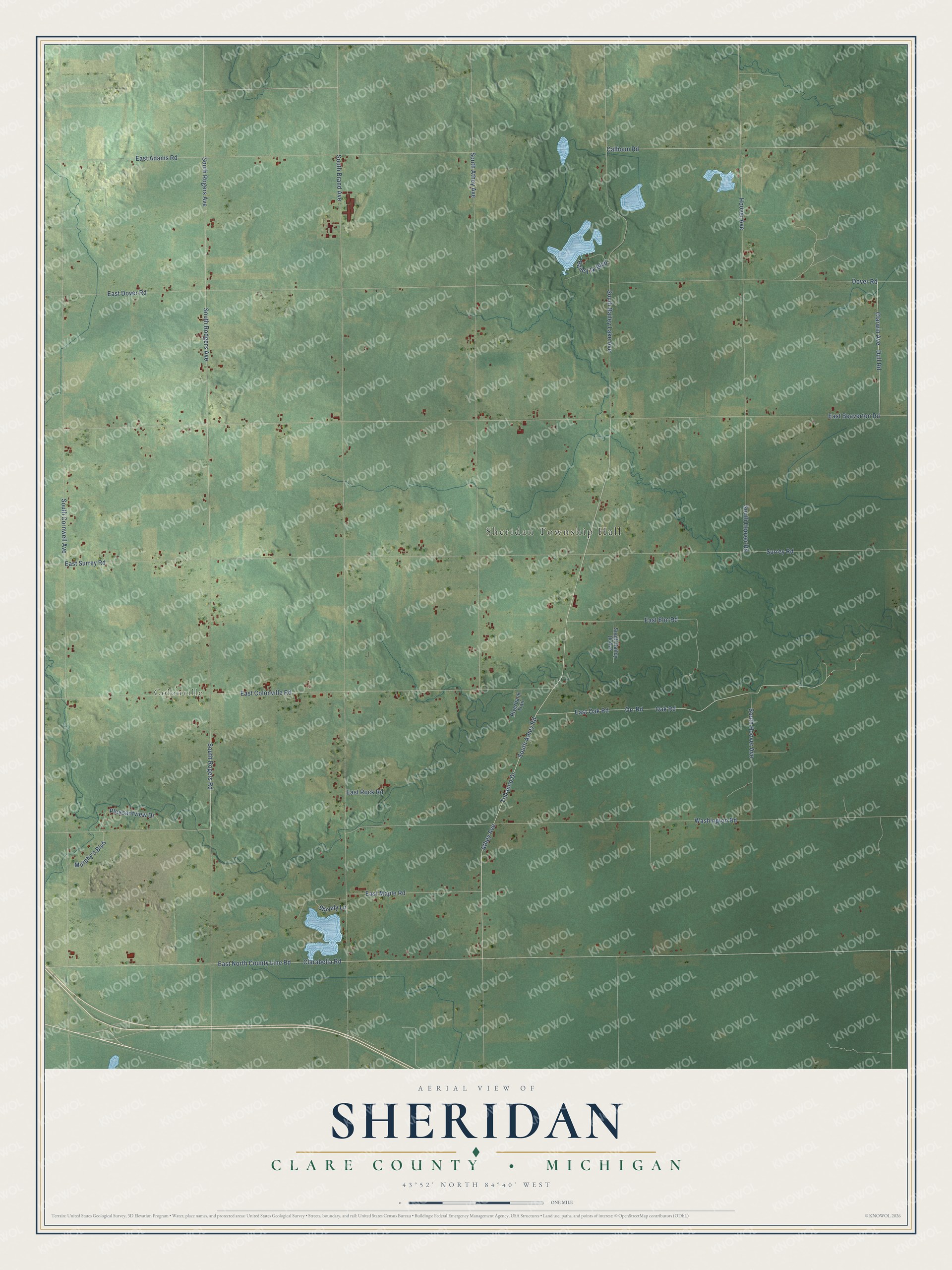 Full map of Sheridan, Michigan, with red buildings, printed street names and the land around them