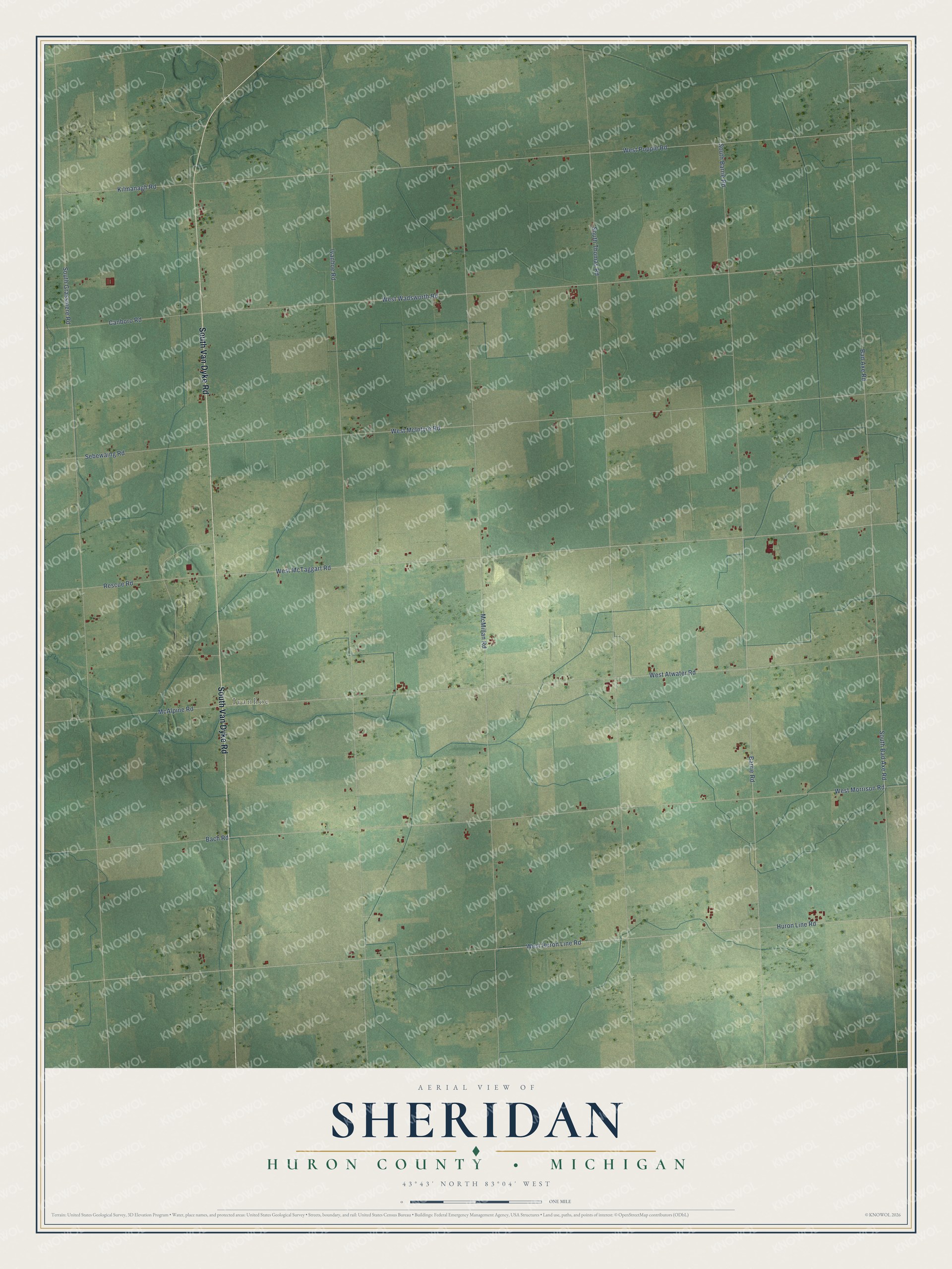 Full map of Sheridan, Michigan, with red buildings, printed street names and the land around them