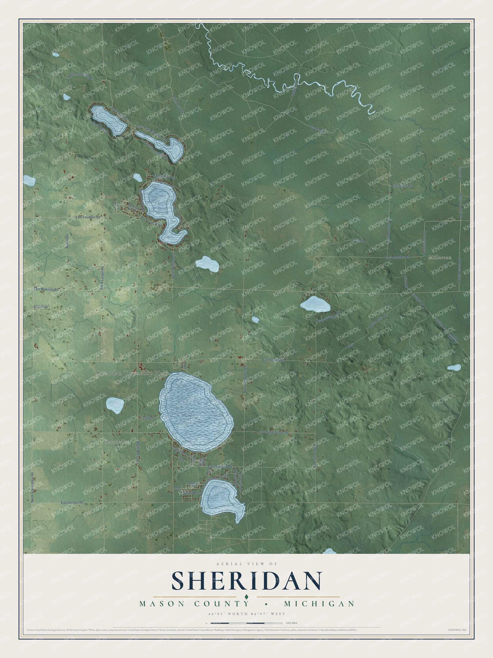 Full map of Sheridan, Michigan, with red buildings, printed street names and the land around them