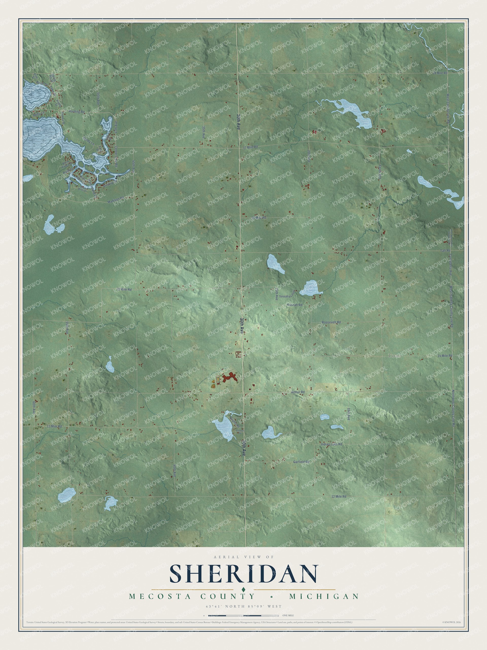 Full map of Sheridan, Michigan, with red buildings, printed street names and the land around them
