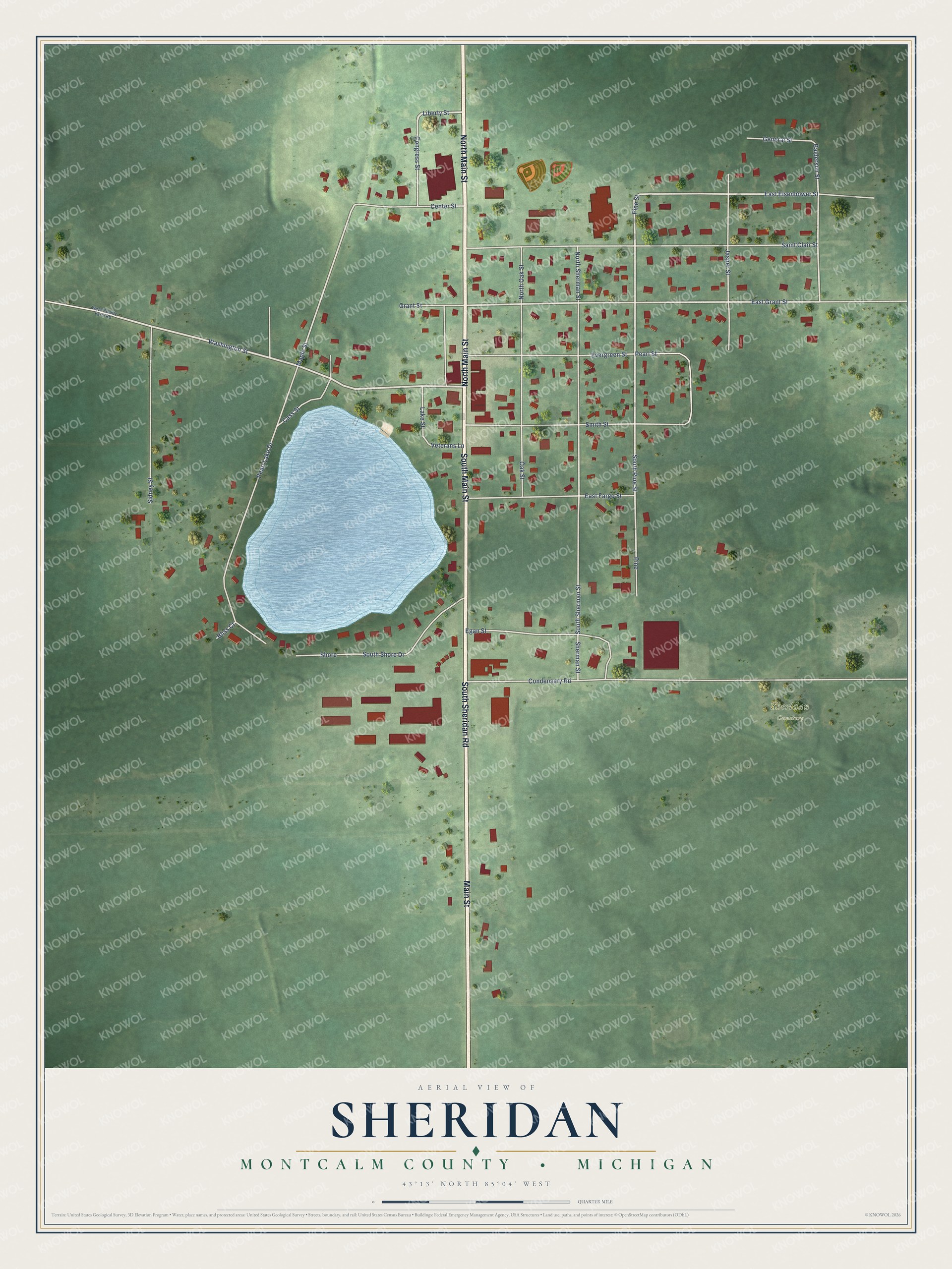 Full map of Sheridan, Michigan, with red buildings, printed street names and the land around them