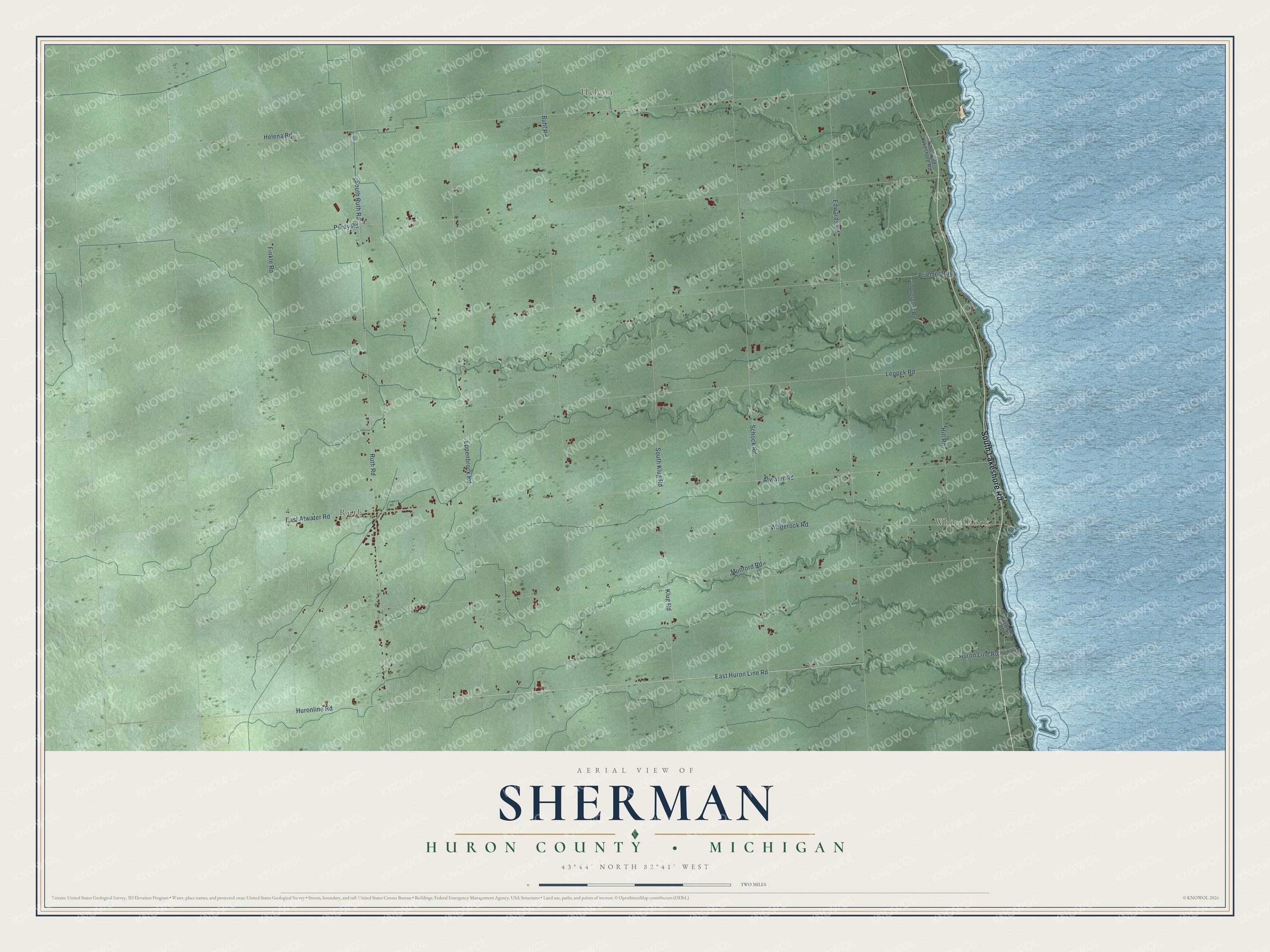 Full map of Sherman, Michigan, with red buildings, printed street names and the land around them