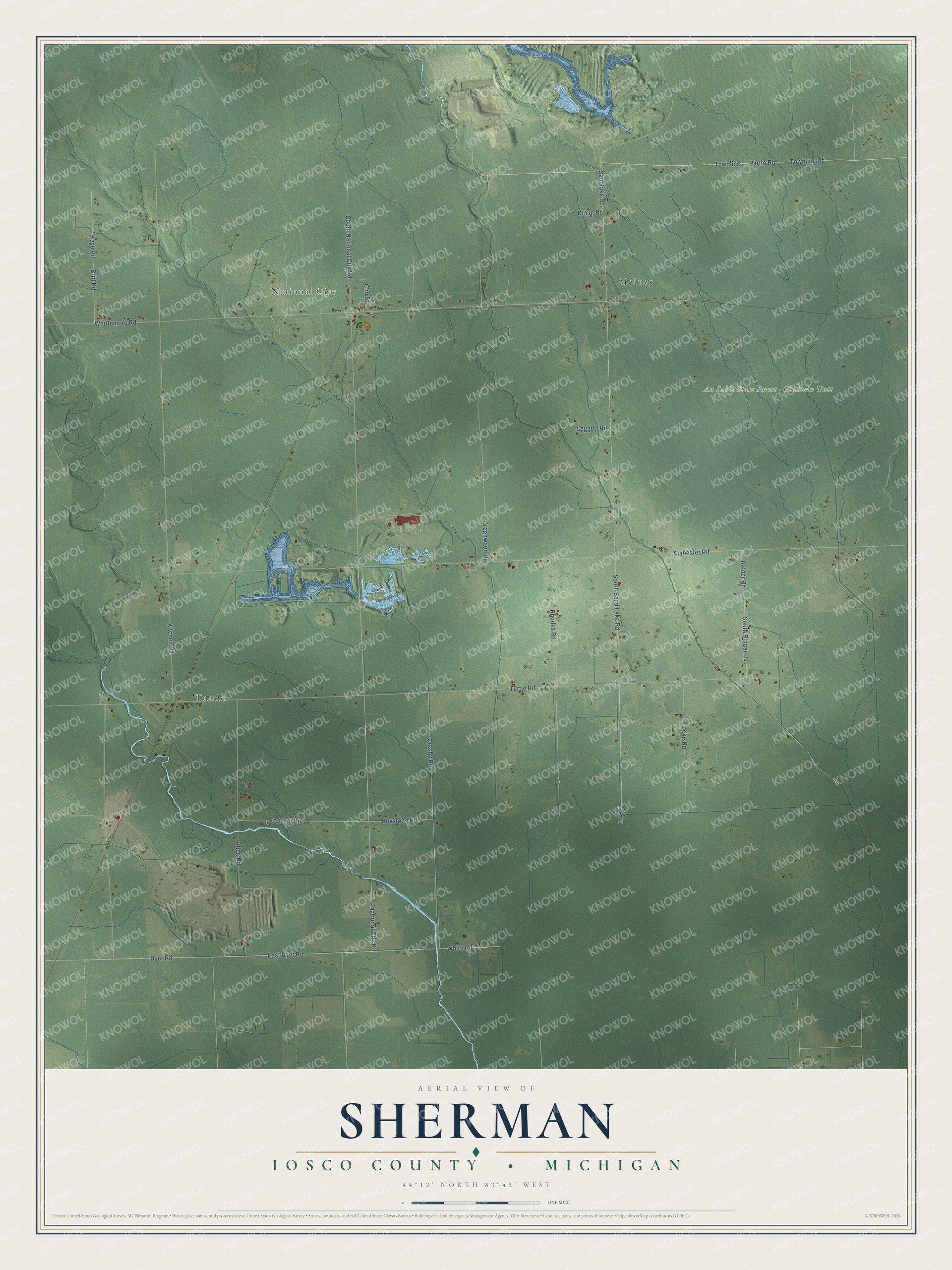 Full map of Sherman, Michigan, with red buildings, printed street names and the land around them