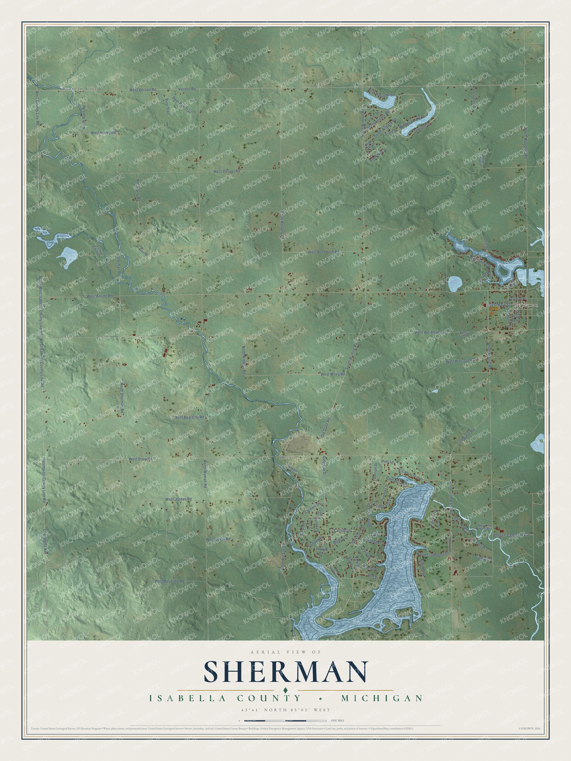 Full map of Sherman, Michigan, with red buildings, printed street names and the land around them