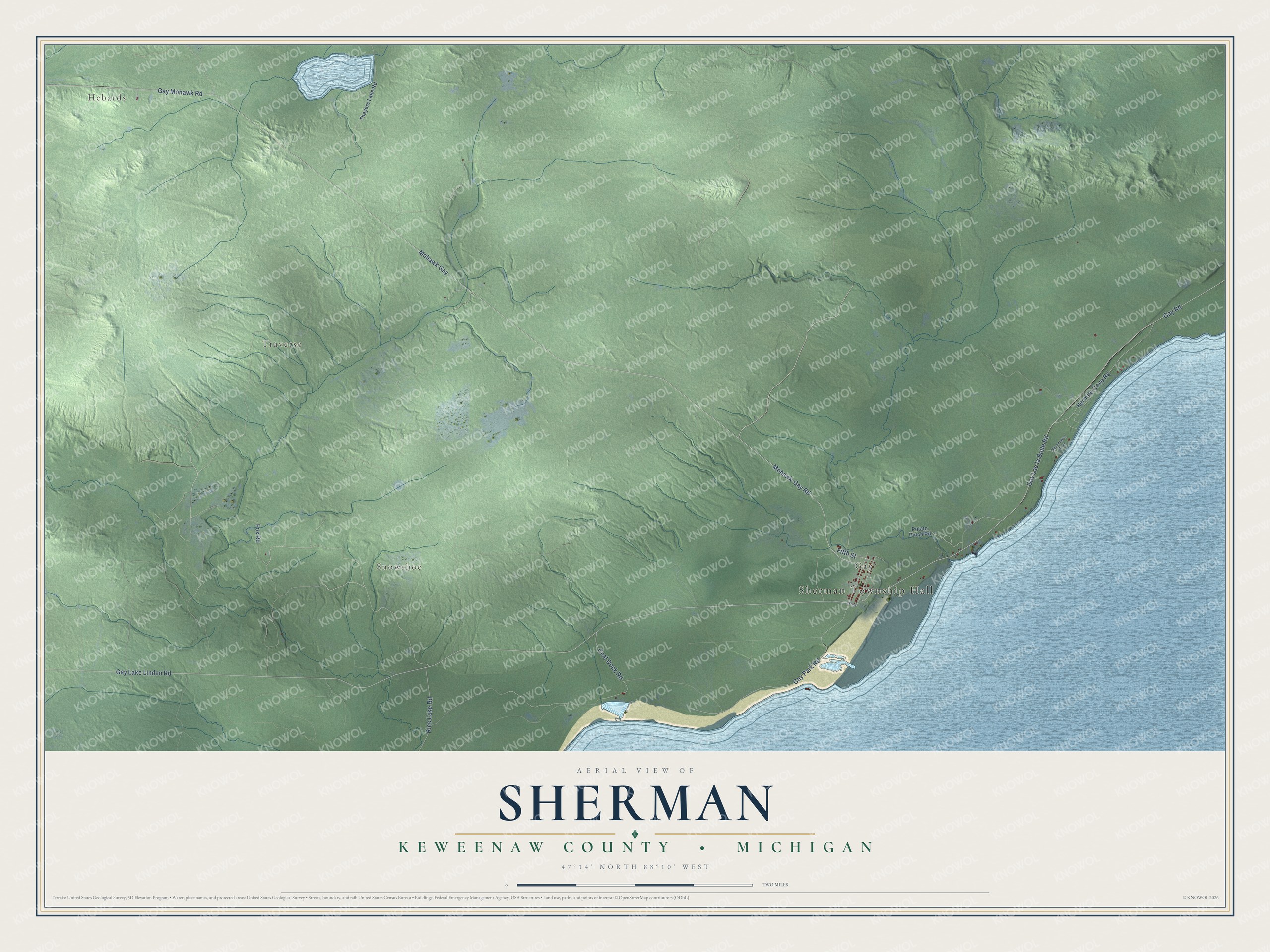 Full map of Sherman, Michigan, with red buildings, printed street names and the land around them
