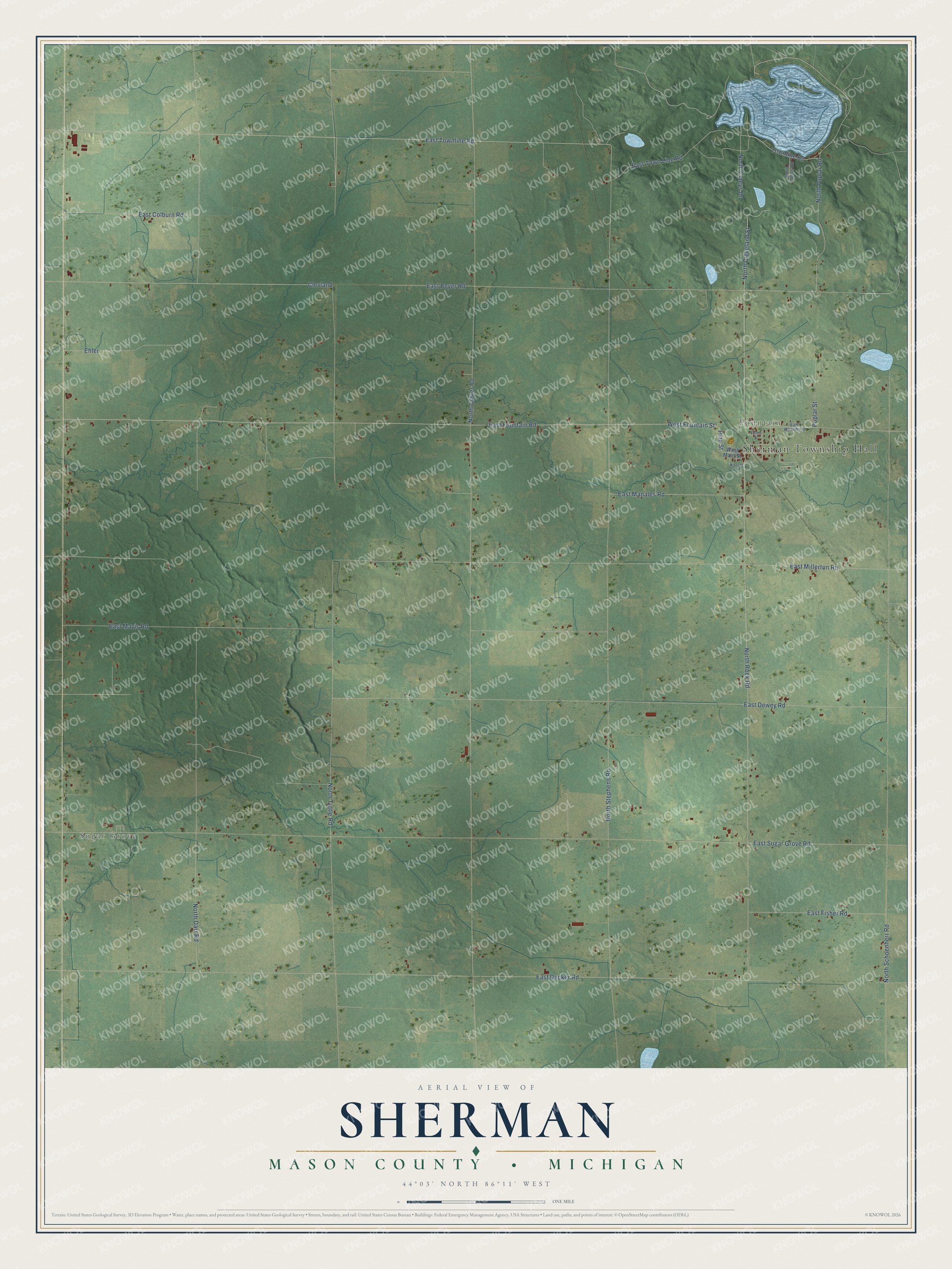Full map of Sherman, Michigan, with red buildings, printed street names and the land around them