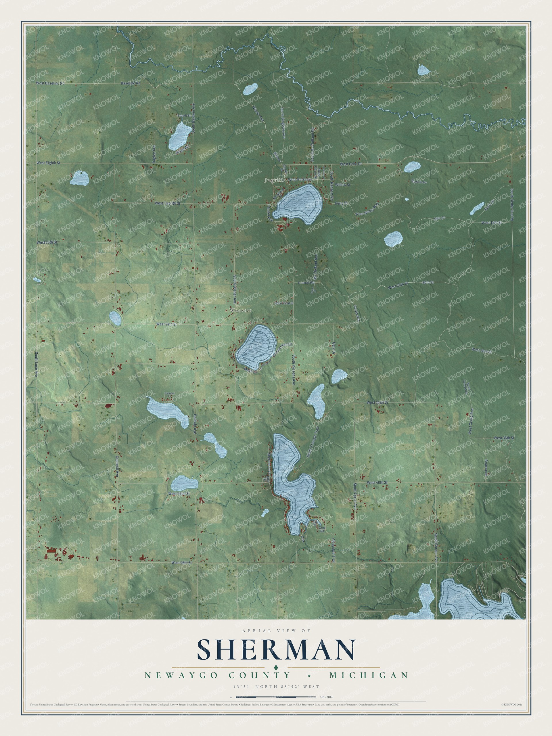 Full map of Sherman, Michigan, with red buildings, printed street names and the land around them