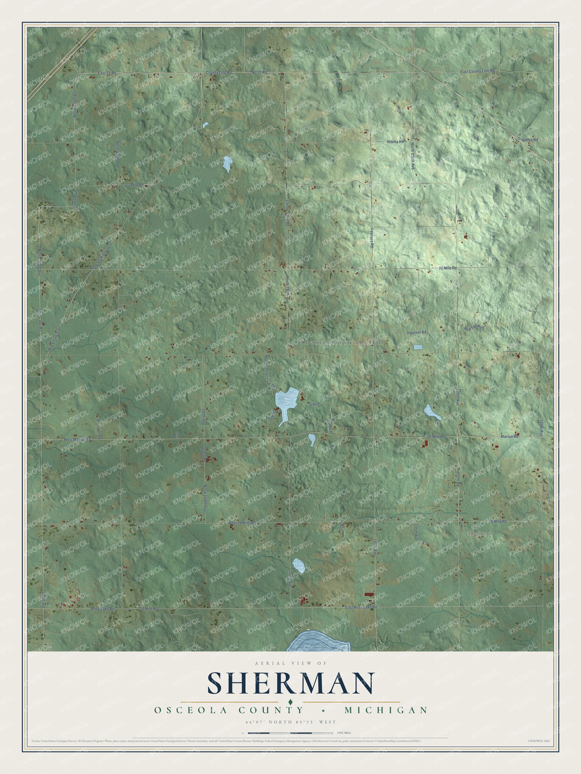 Full map of Sherman, Michigan, with red buildings, printed street names and the land around them