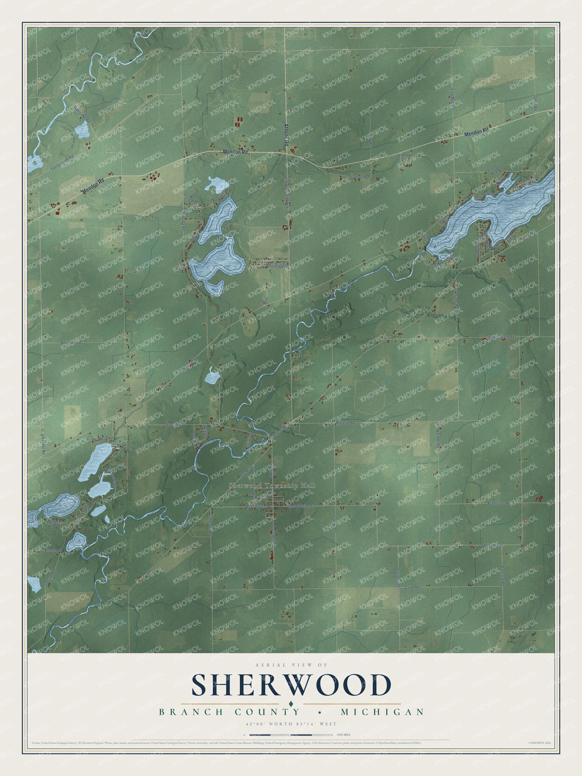 Full map of Sherwood, Michigan, with red buildings, printed street names and the land around them