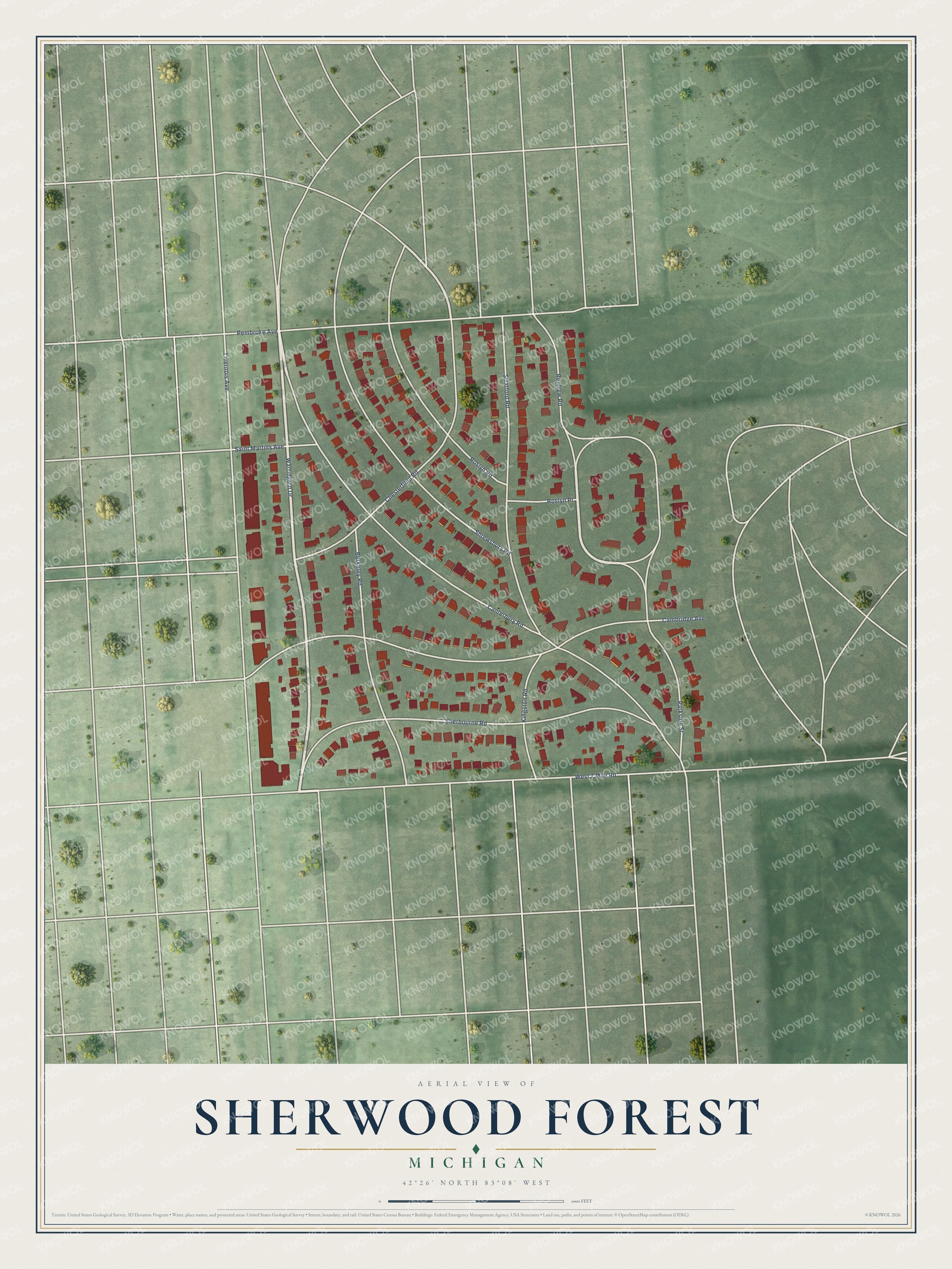 Full map of Sherwood Forest, Michigan, with red buildings, printed street names and the land around them