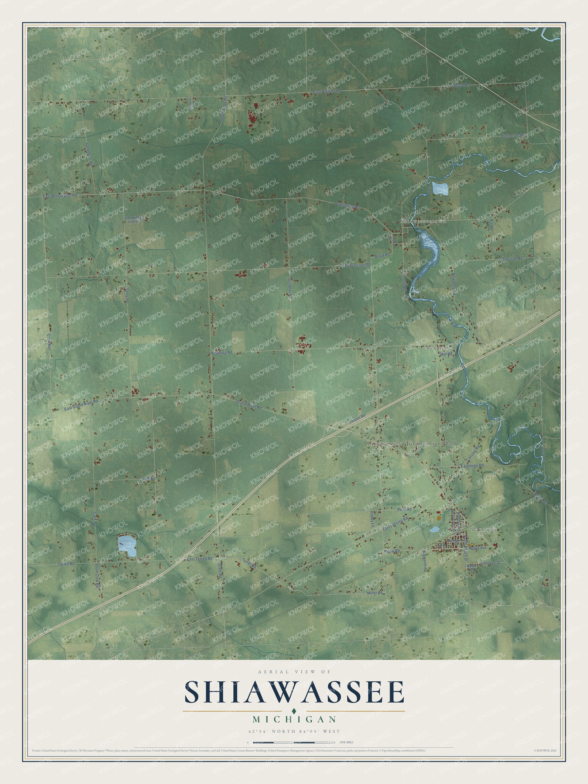 Full map of Shiawassee, Michigan, with red buildings, printed street names and the land around them