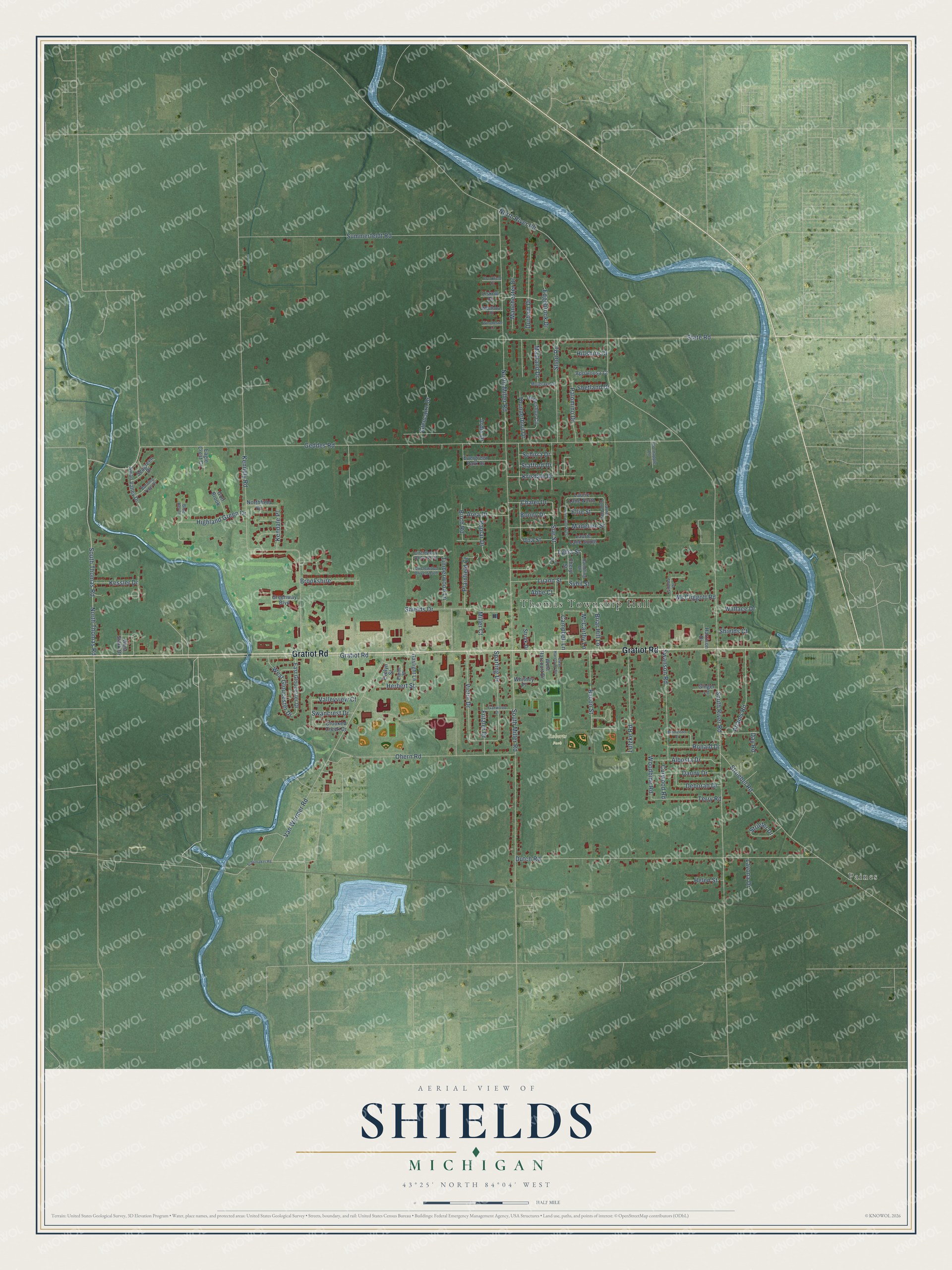 Full map of Shields, Michigan, with red buildings, printed street names and the land around them
