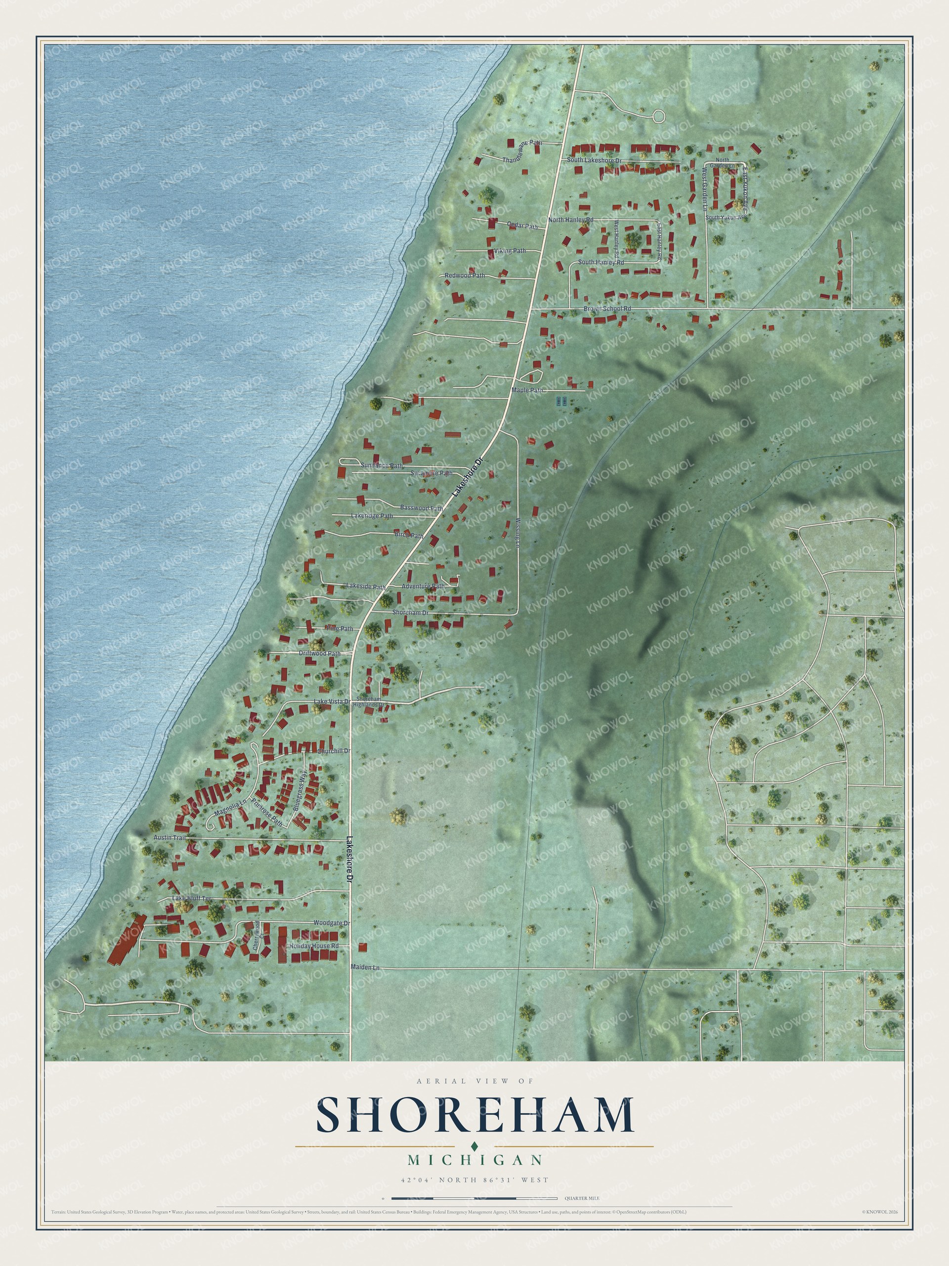 Full map of Shoreham, Michigan, with red buildings, printed street names and the land around them