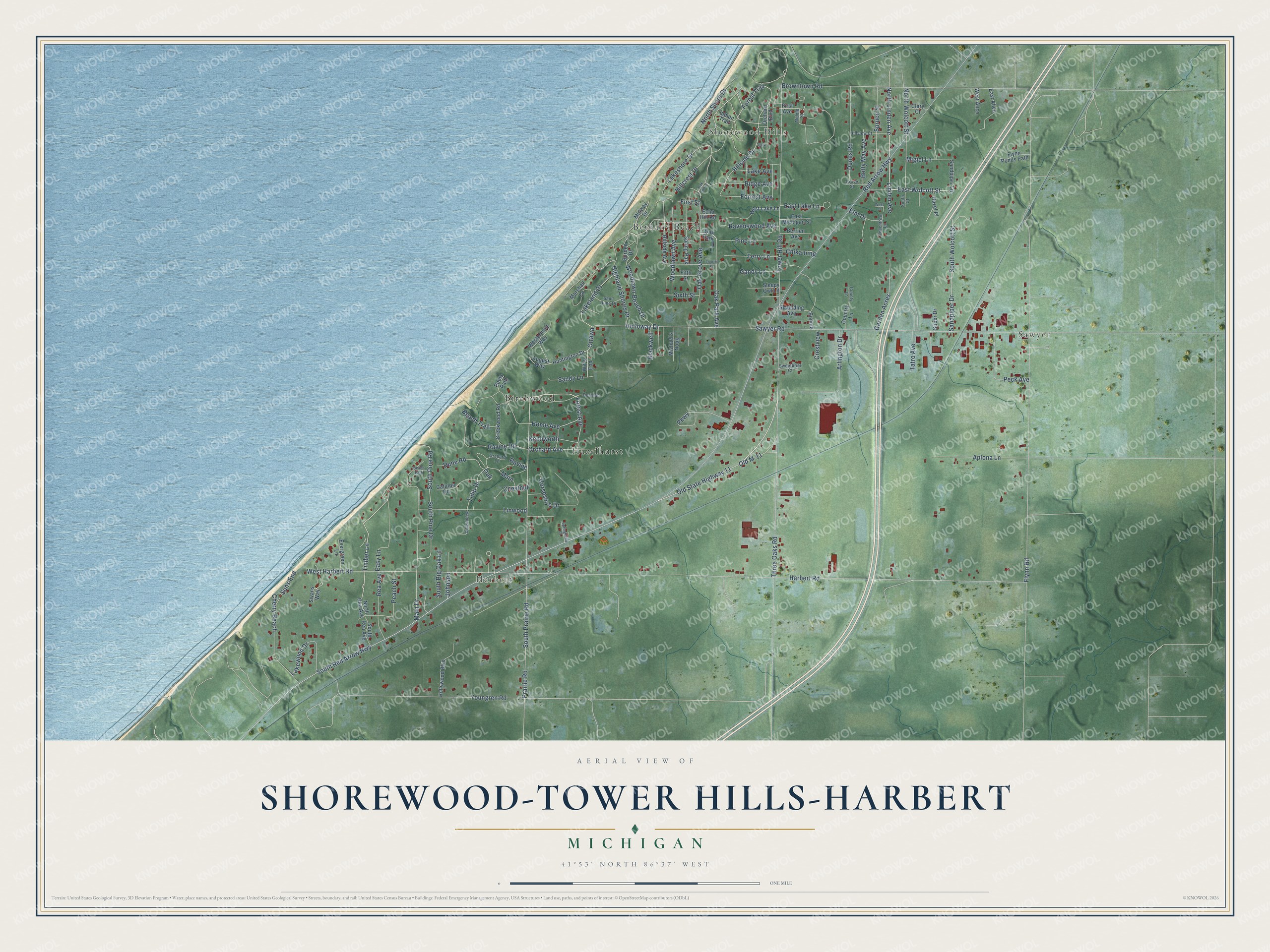 Watermarked full-map preview of Shorewood-Tower Hills-Harbert, Michigan