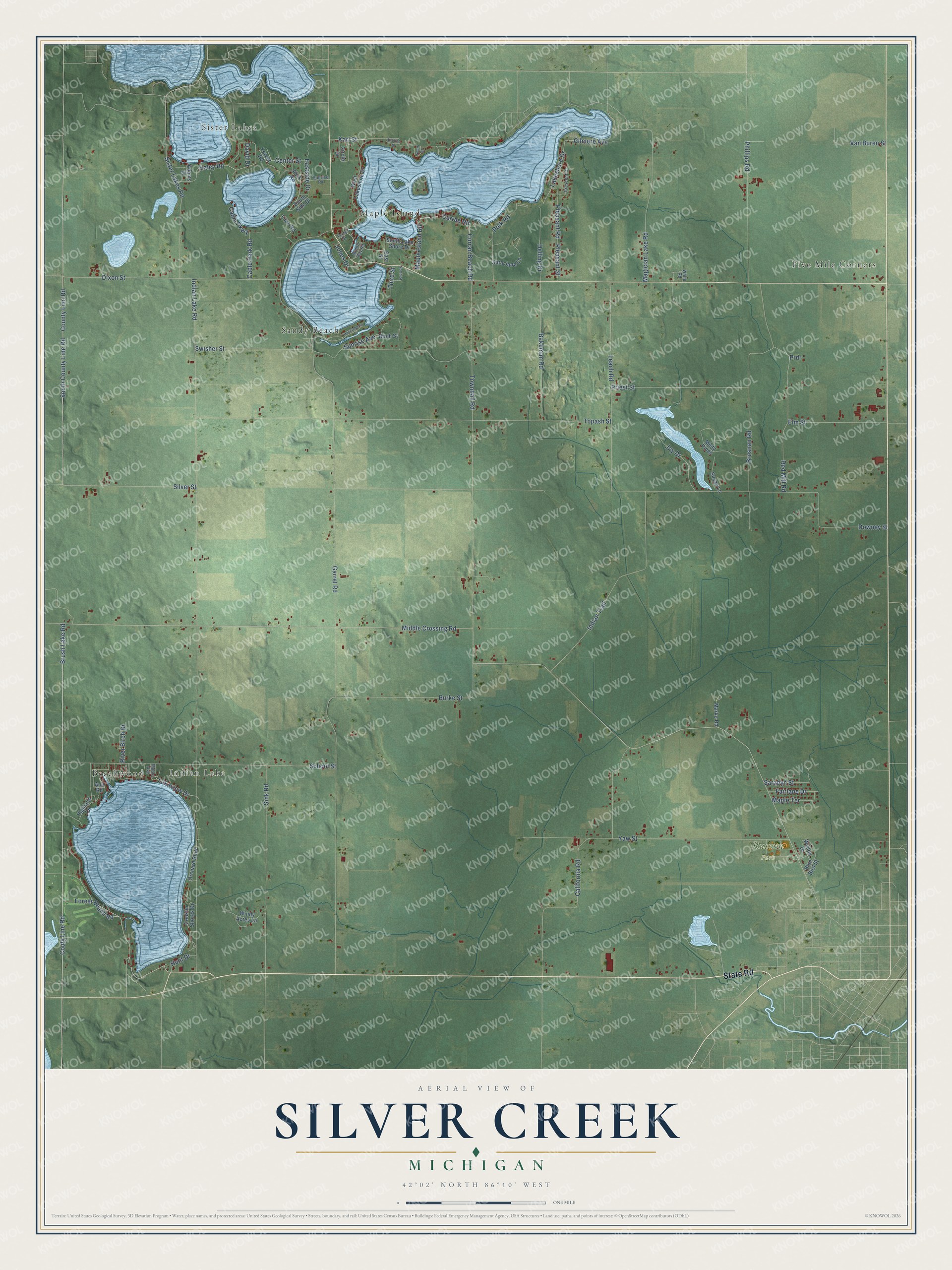 Full map of Silver Creek, Michigan, with red buildings, printed street names and the land around them