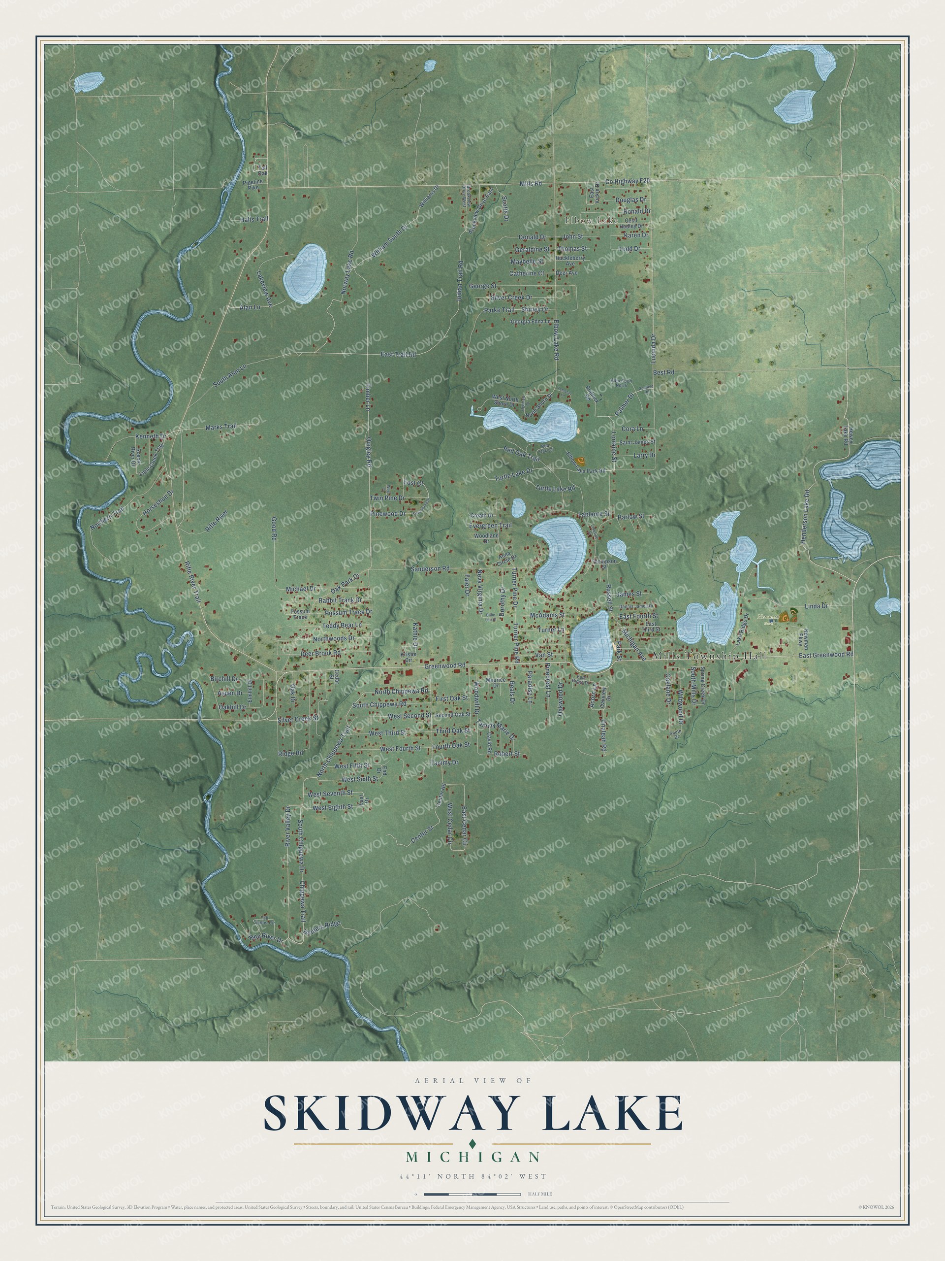 Full map of Skidway Lake, Michigan, with red buildings, printed street names and the land around them