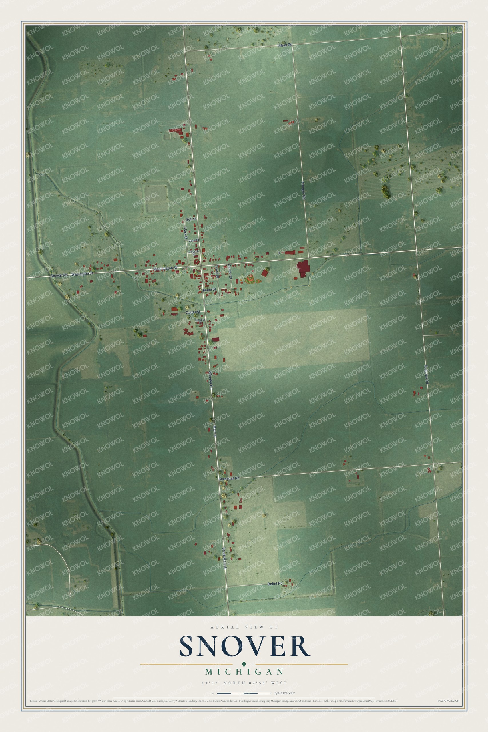 Full map of Snover, Michigan, with red buildings, printed street names and the land around them