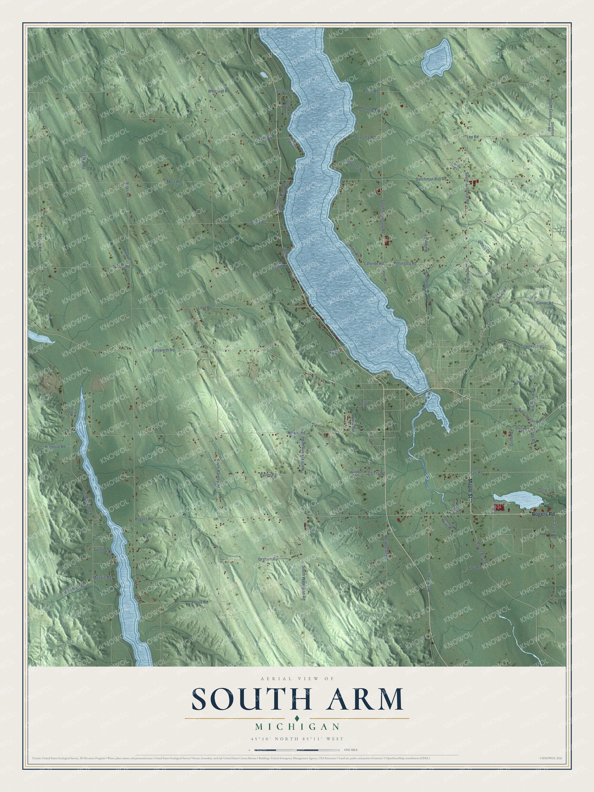 Full map of South Arm, Michigan, with red buildings, printed street names and the land around them