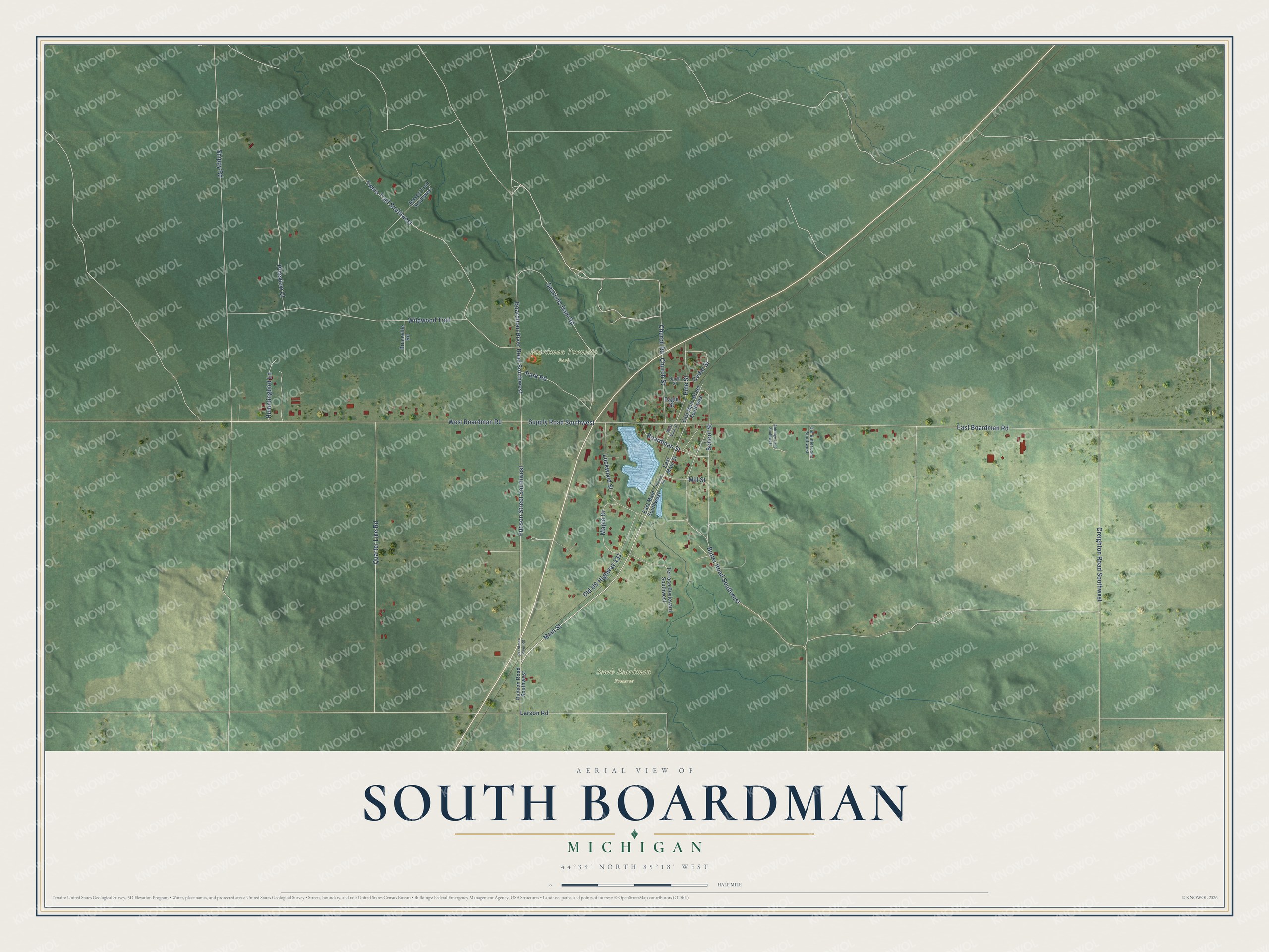 Full map of South Boardman, Michigan, with red buildings, printed street names and the land around them