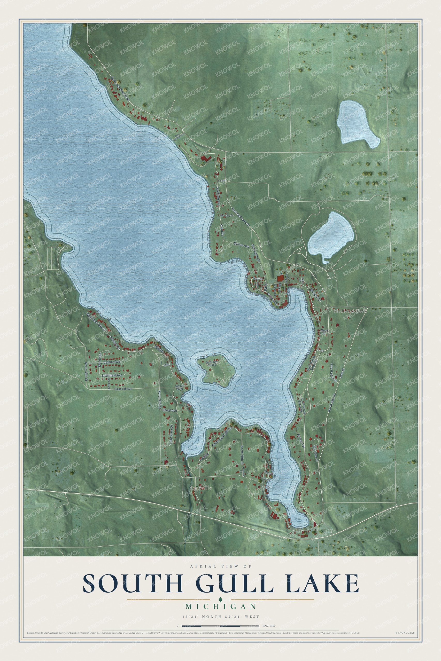 Full map of South Gull Lake, Michigan, with red buildings, printed street names and the land around them