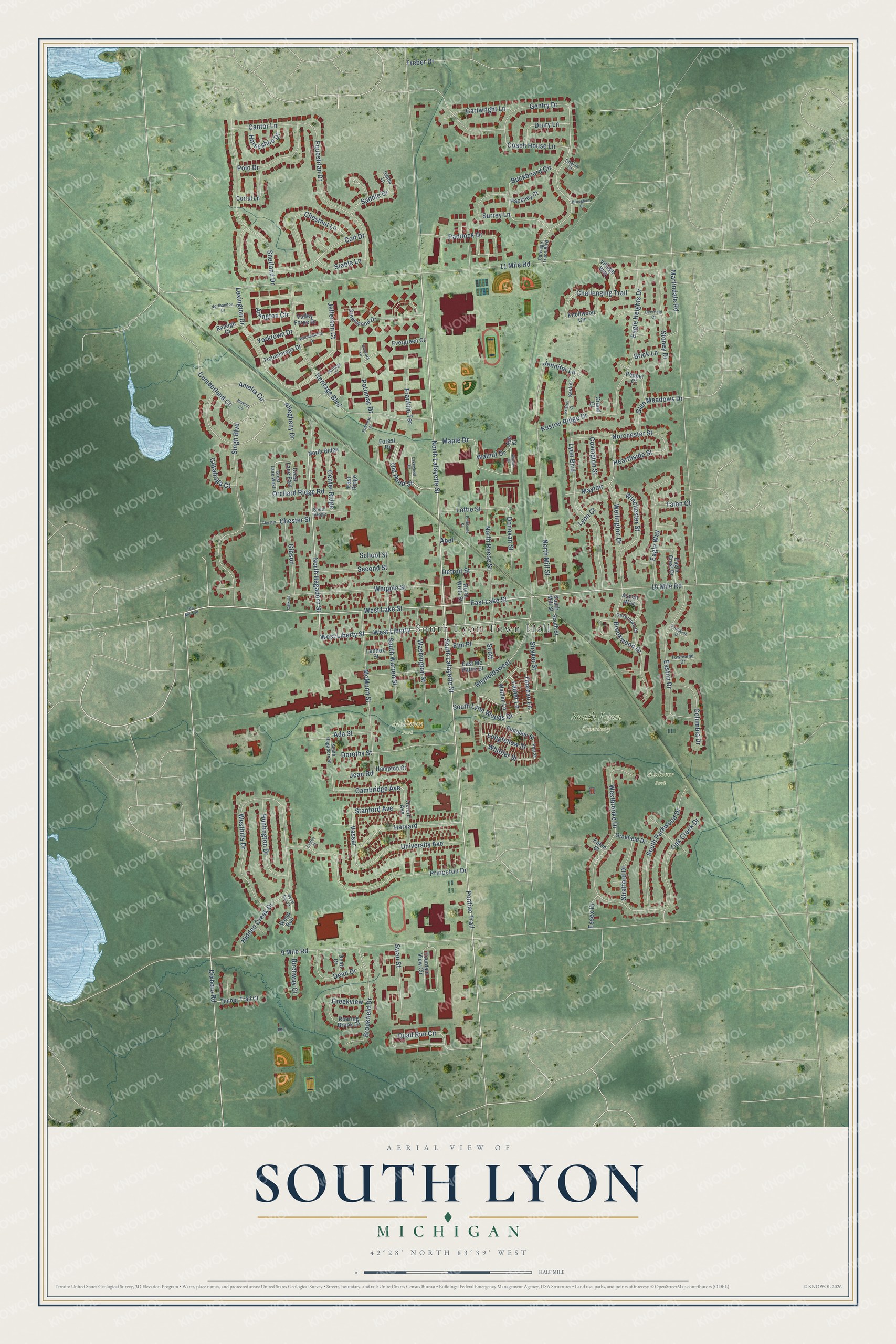 Full map of South Lyon, Michigan, with red buildings, printed street names and the land around them