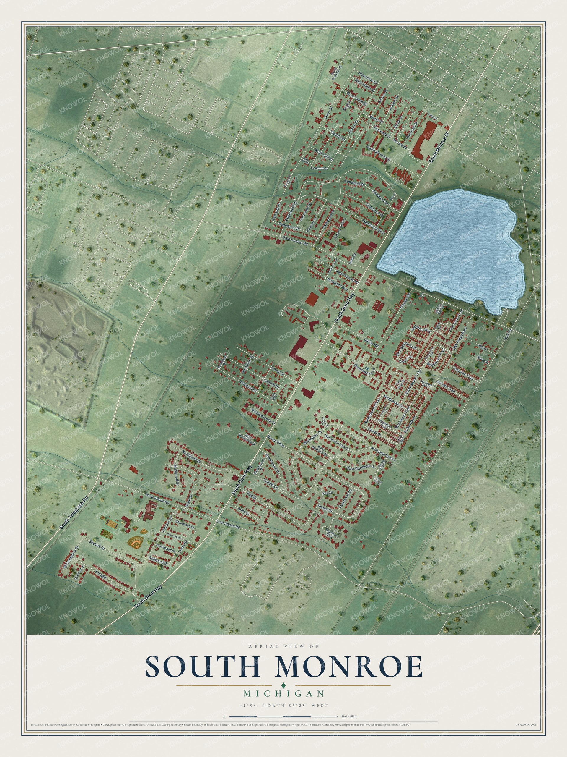 Full map of South Monroe, Michigan, with red buildings, printed street names and the land around them