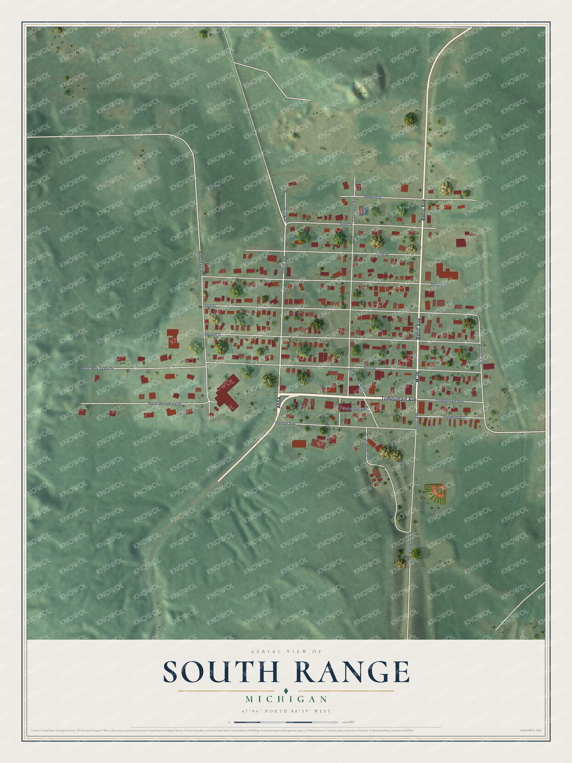 Full map of South Range, Michigan, with red buildings, printed street names and the land around them