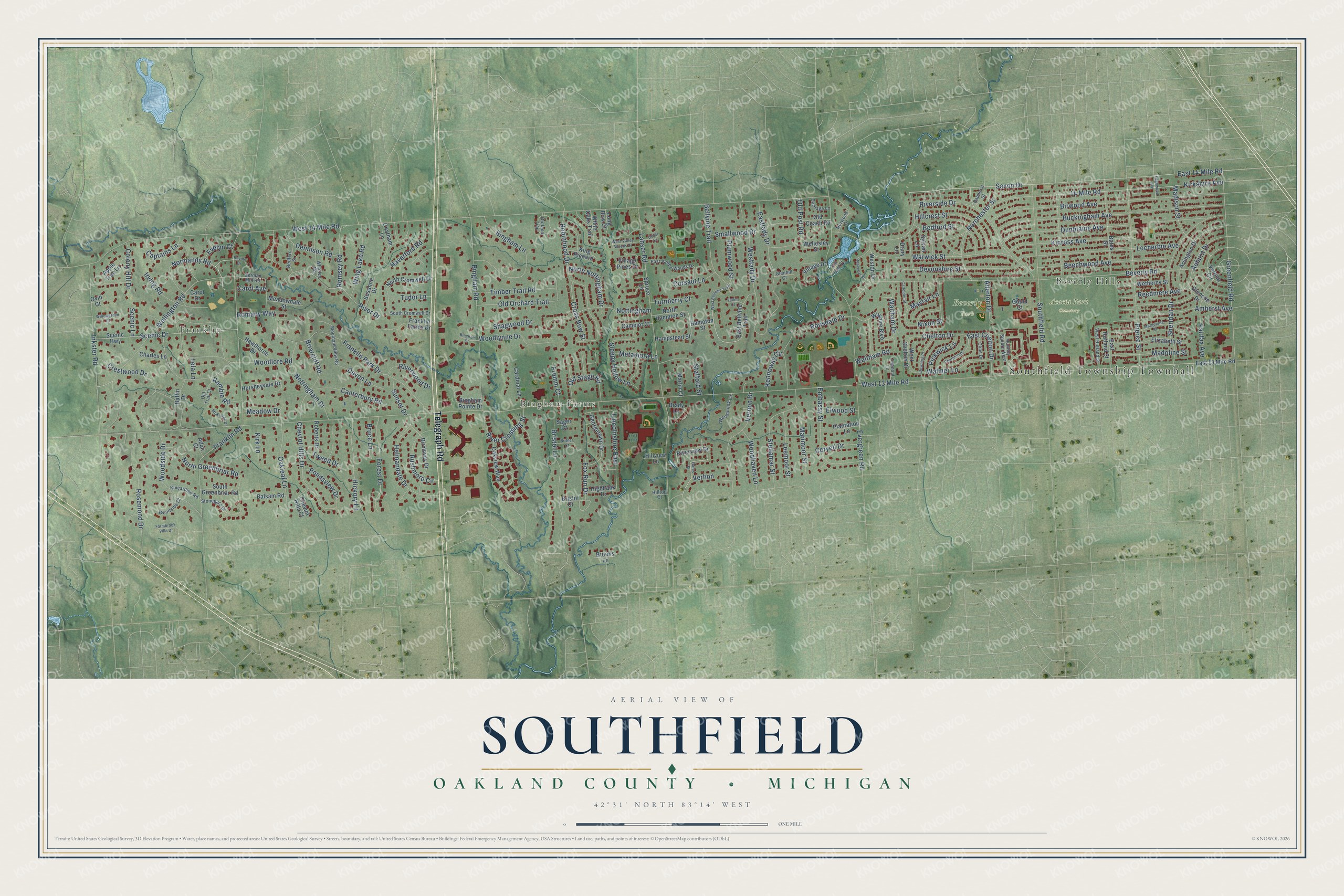 Full map of Southfield, Michigan, with red buildings, printed street names and the land around them
