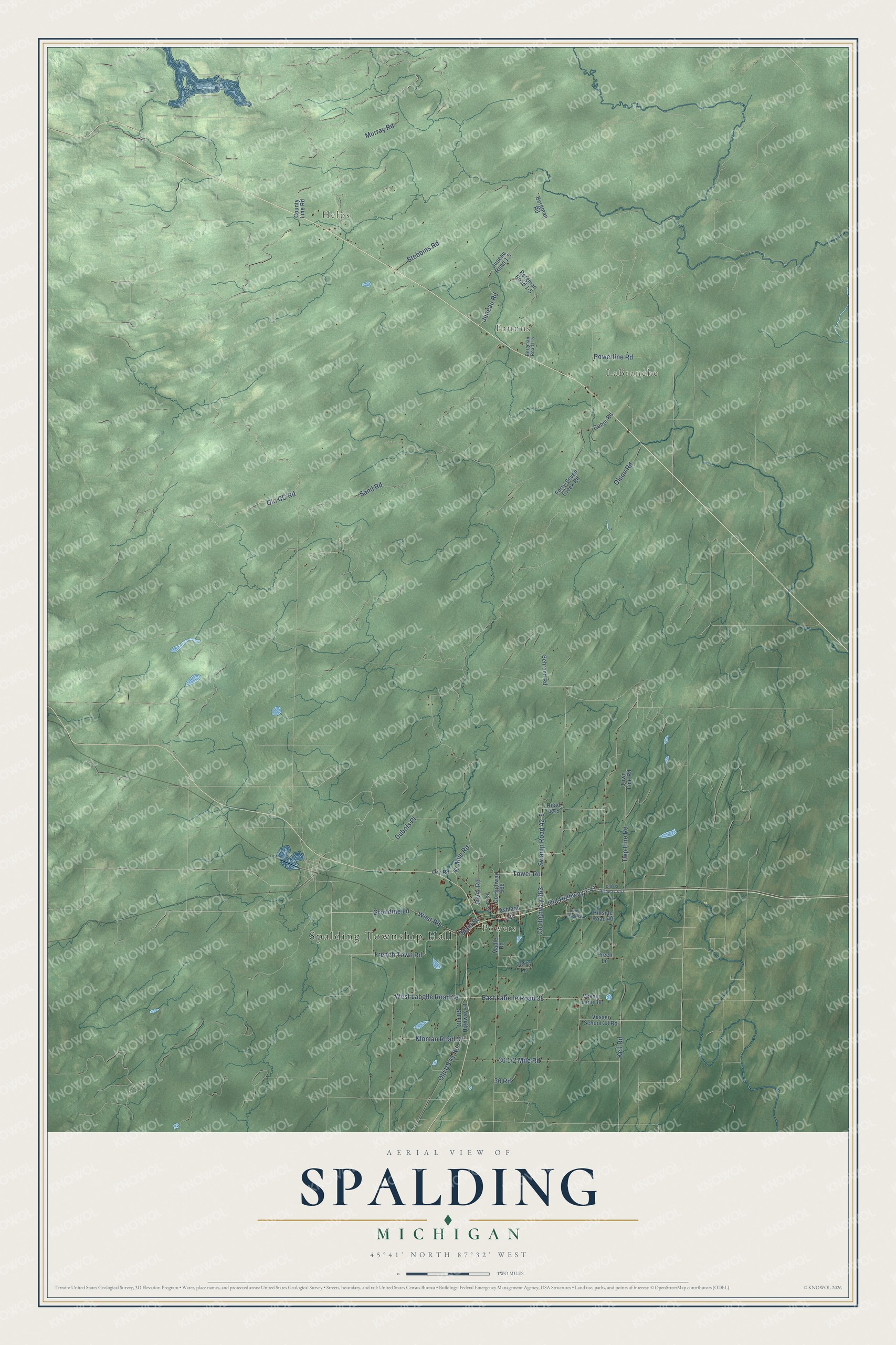 Full map of Spalding, Michigan, with red buildings, printed street names and the land around them