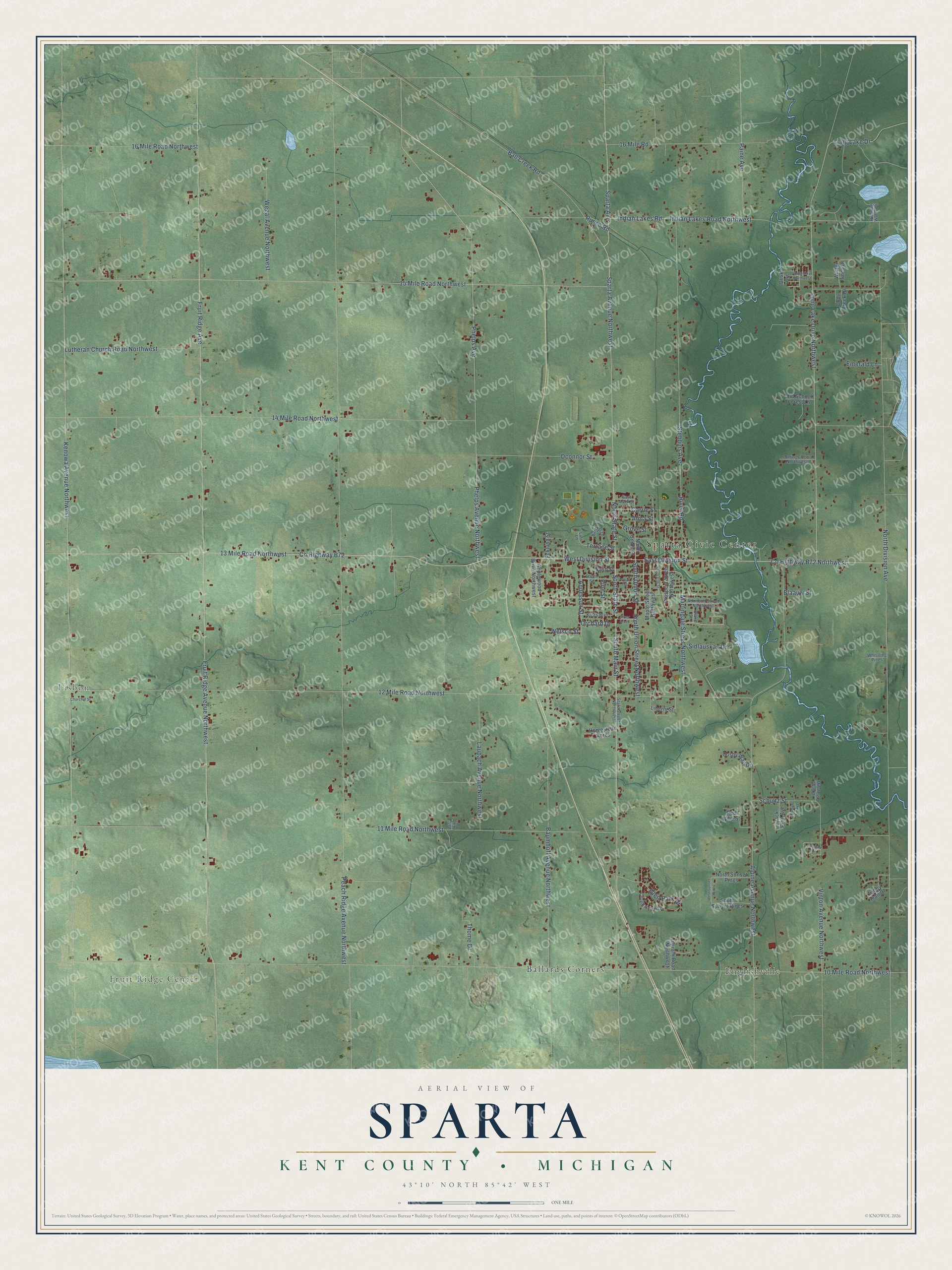 Full map of Sparta, Michigan, with red buildings, printed street names and the land around them