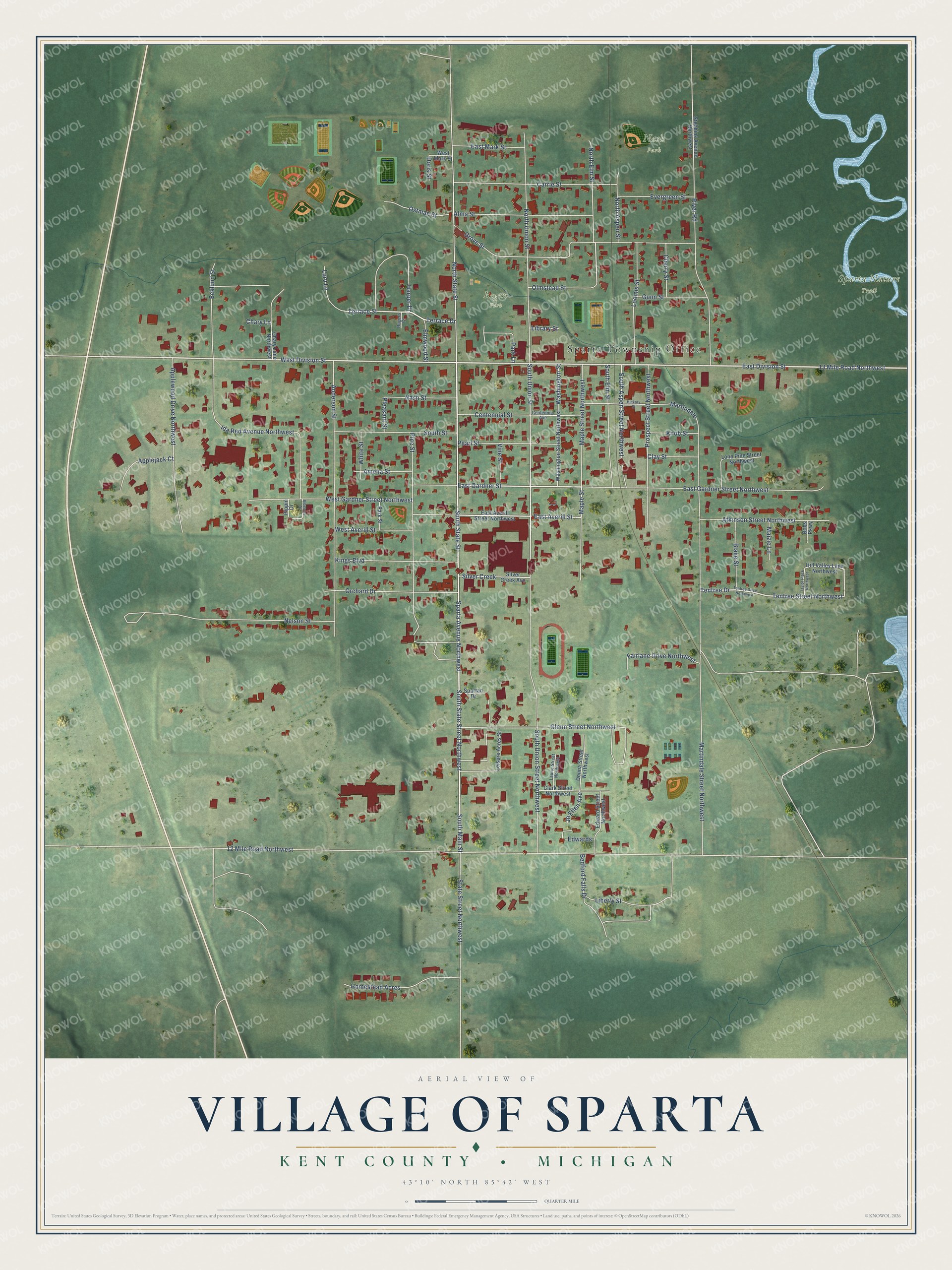 Full map of Sparta, Michigan, with red buildings, printed street names and the land around them