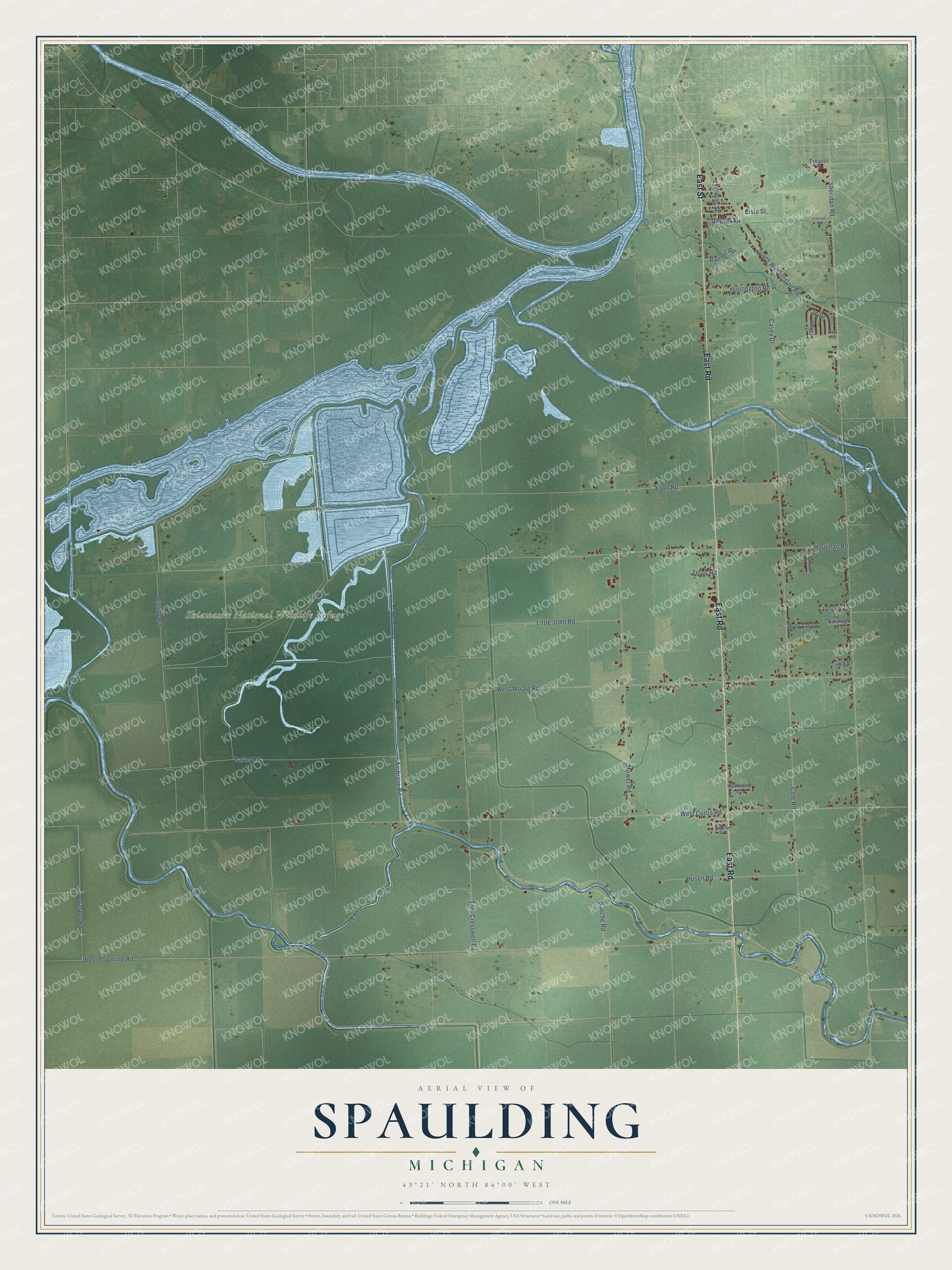 Full map of Spaulding, Michigan, with red buildings, printed street names and the land around them