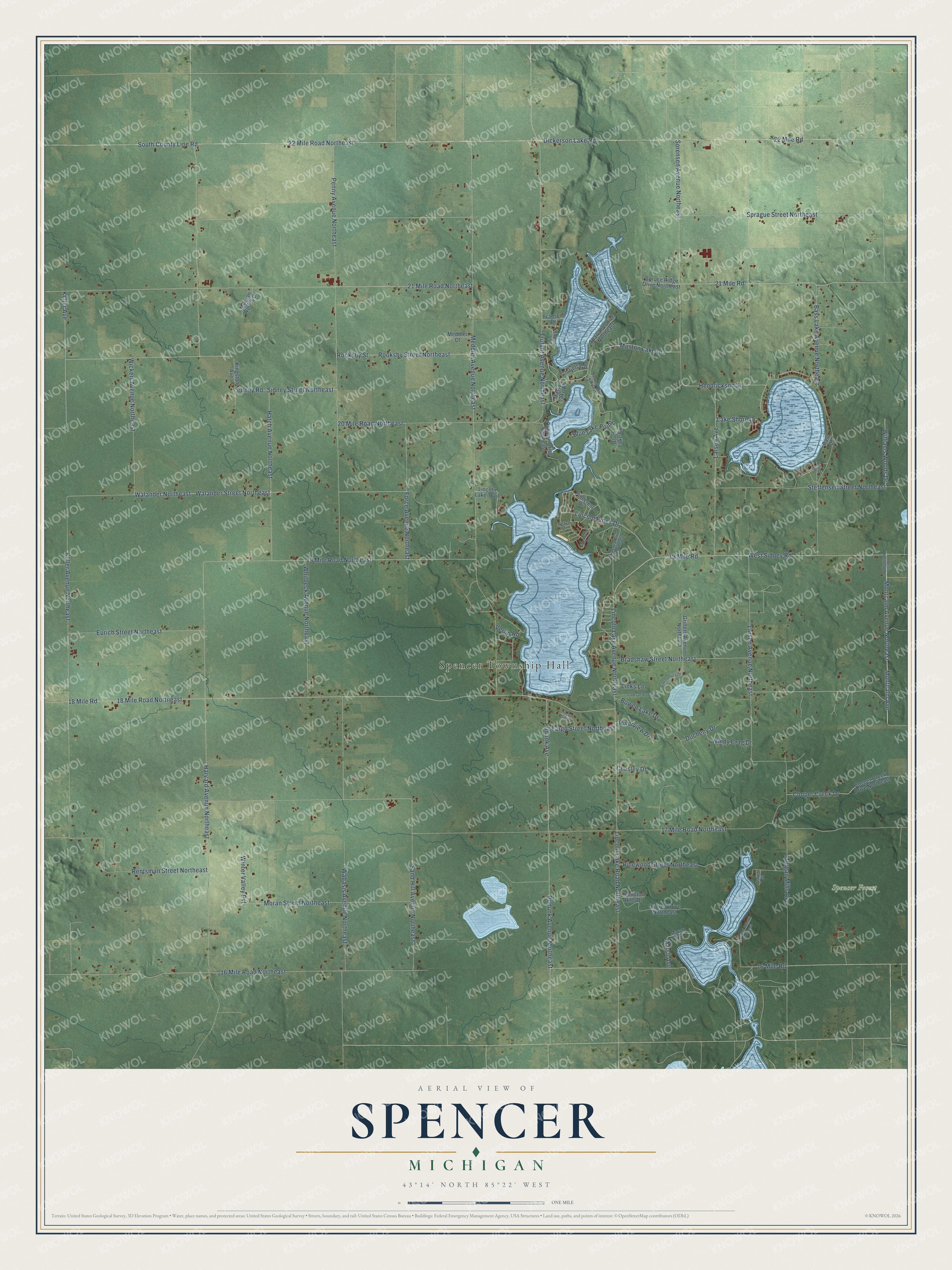 Full map of Spencer, Michigan, with red buildings, printed street names and the land around them
