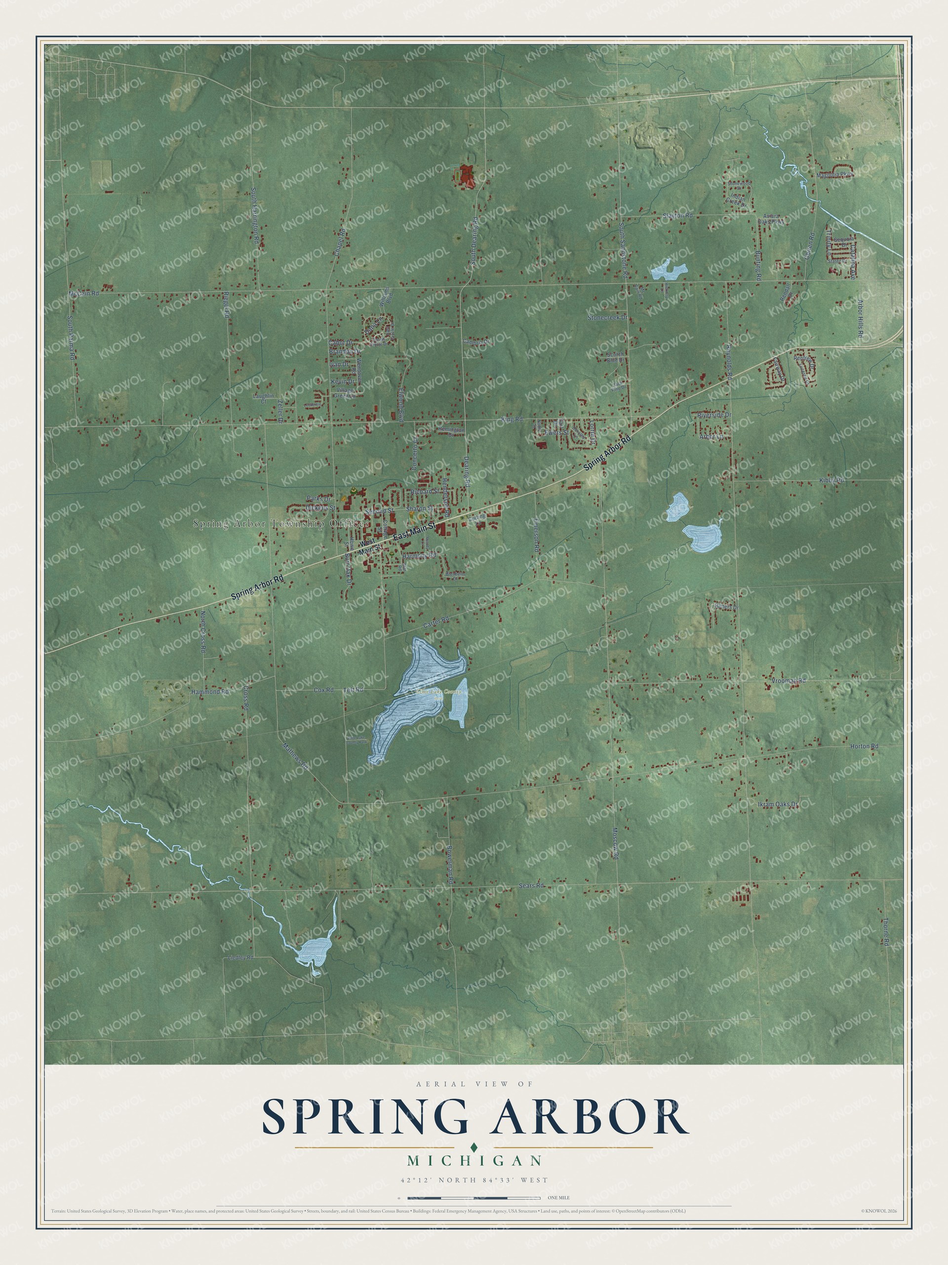 Full map of Spring Arbor, Michigan, with red buildings, printed street names and the land around them